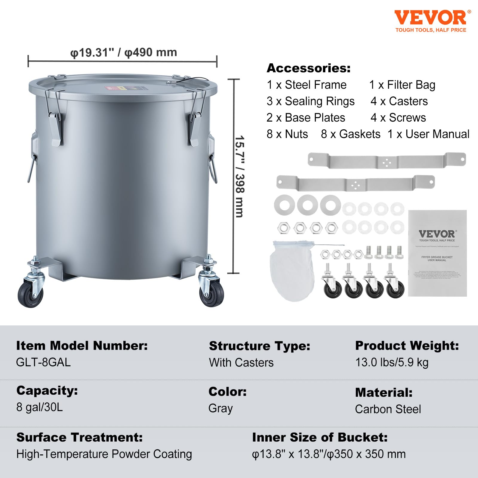 VEVOR Recolector de aceite y grasa usados ​​sobre ruedas 30L, Tambor de recolección de aceite para freidora de acero al carbono, Depósito de aceite con tapa, Clips de bloqueo, Bolsa de filtro, Gris