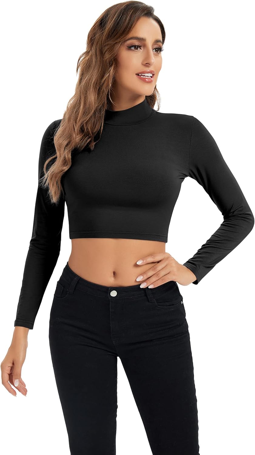 Womens Long Sleeve Crop Tops Lightweight Mock Neck Base Layer Shirts - Image 4