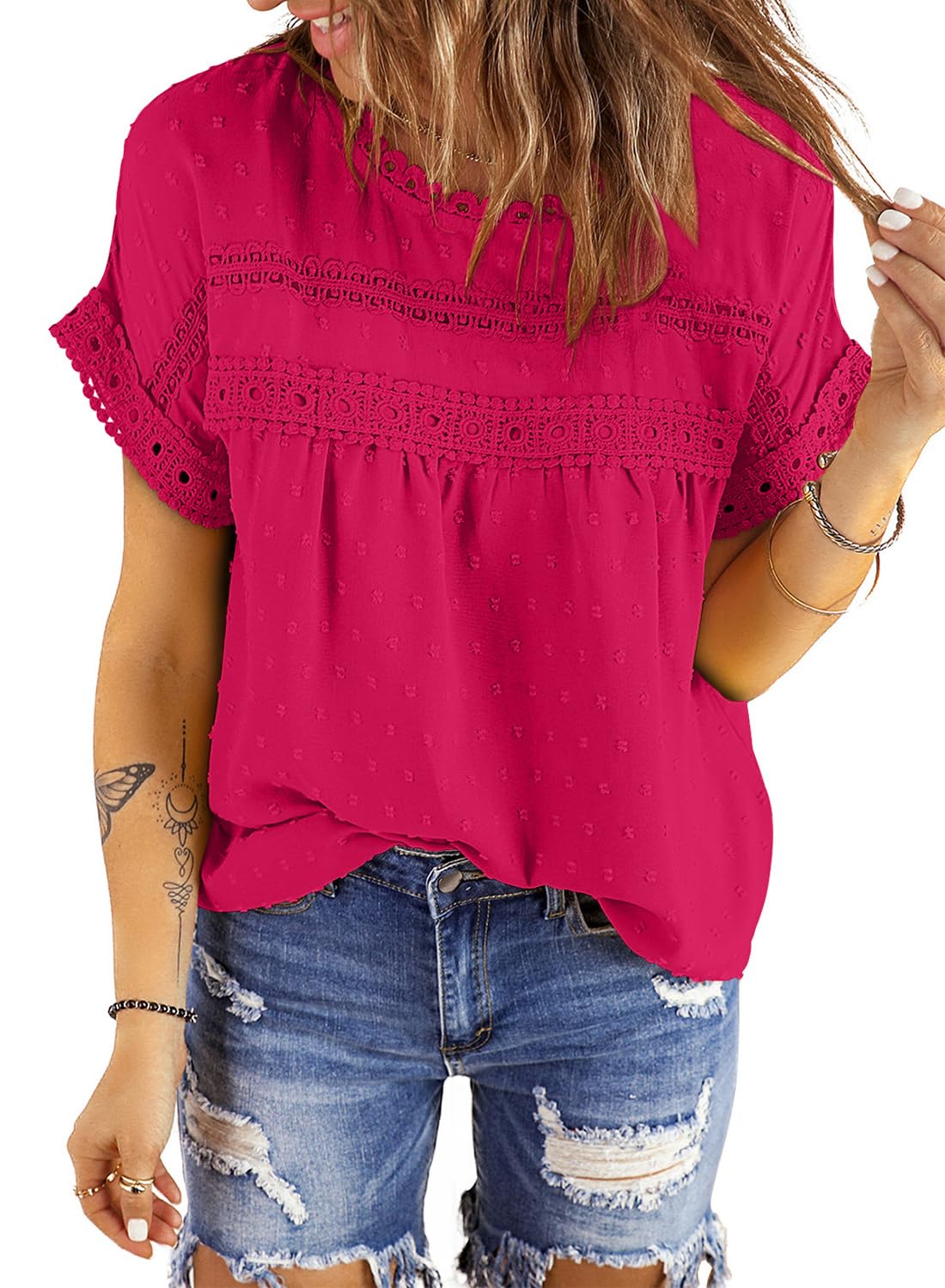 CHICZONE Women Short Sleeve Shirt Crew Neck Summer Blouse Casual Chiffon Tops