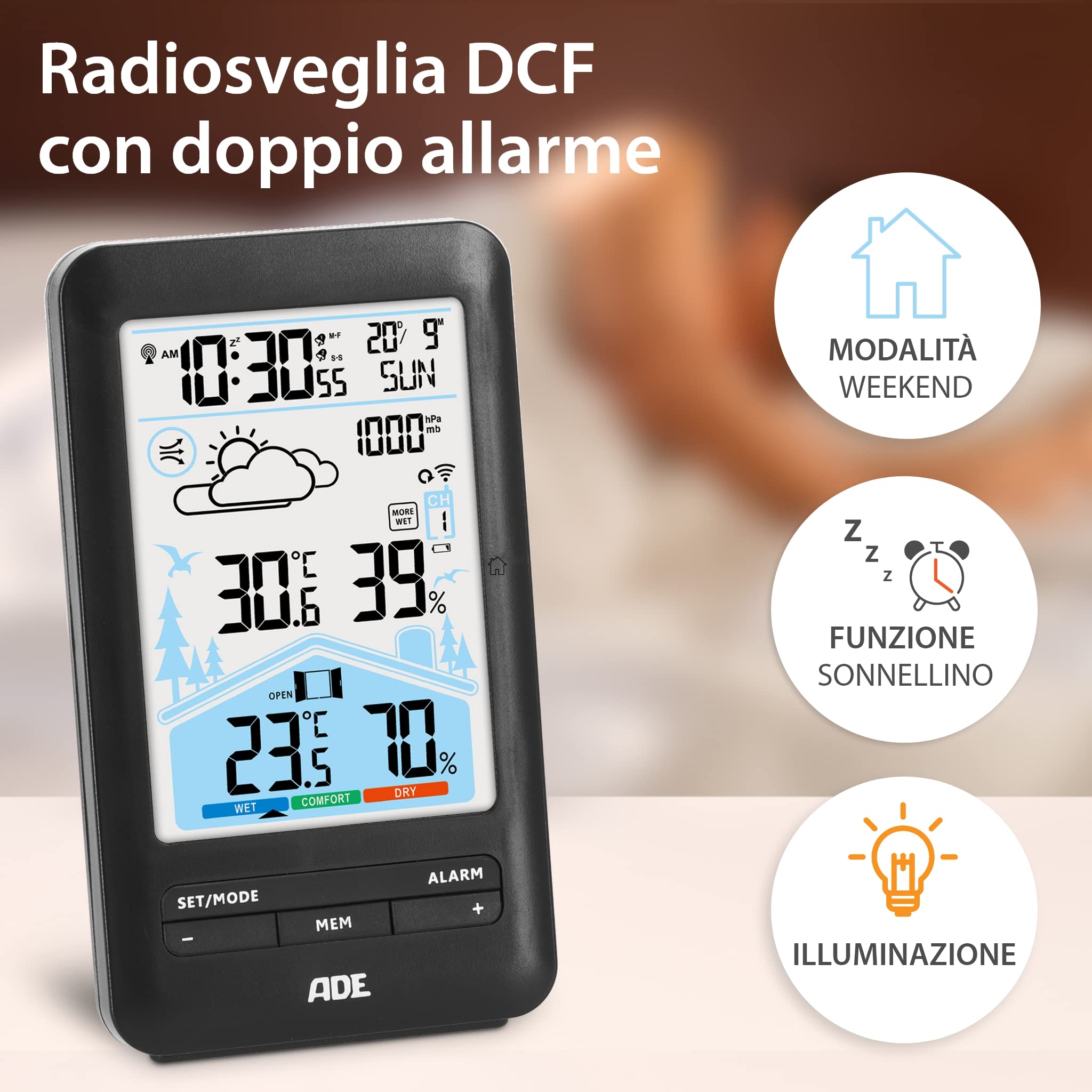 ADE Stazione meteo Digitale con Sensore Esterno Wireless | Qualita Aria Monitoraggio | Ventilazione Consigliata | Termometro | Igrometro | Sveglia con doppio allarme | nero