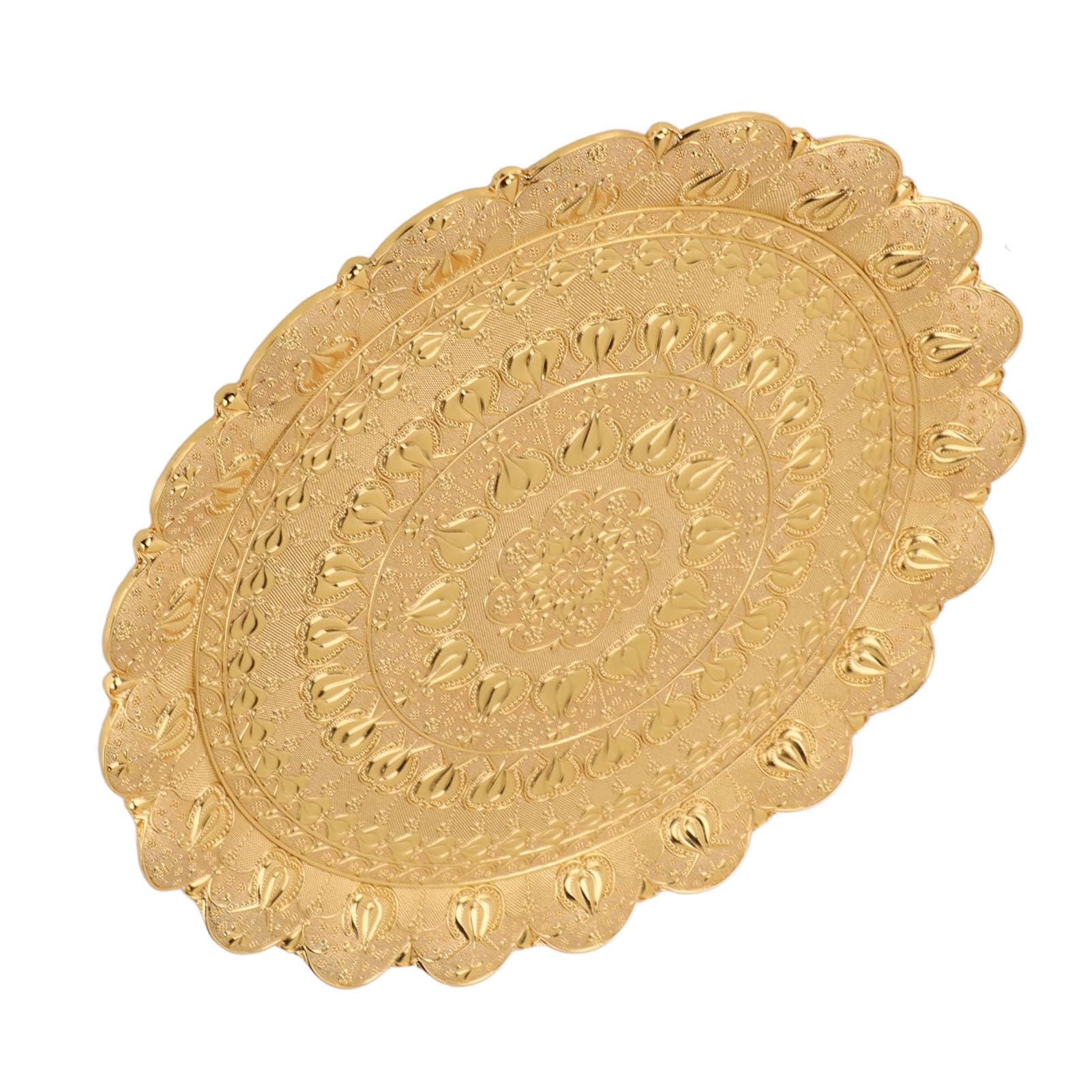 Vassoio da portata per tè e caffè turco, stile vintage, design in rilievo, piatto rotondo in metallo per uso domestico ed esterno, 35 cm (oro)