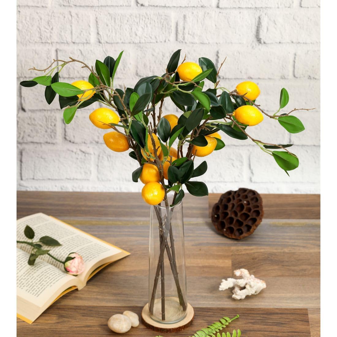 SATYAM KRAFT 3 Pcs Lemon Plant Stick, Elevate Your Décor with Artificial Lemon Branches Lifelike Lemon Tree Plants for Vase Display in Home, Garden, Office, Living Room,(Without vase)(Yellow)