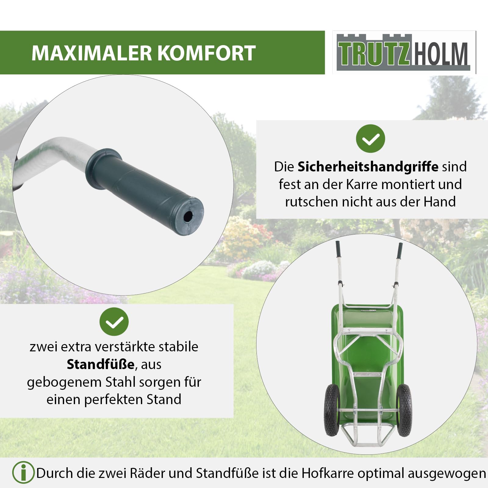 TRUTZHOLM 2-Rad Schubkarre 200 Liter 300 Kg Tragkraft Rahmen Stahl verzinkt robuste große Mulde 162x70 cm Gartenschubkarre Schiebkarre Hofkarre Futterkarre