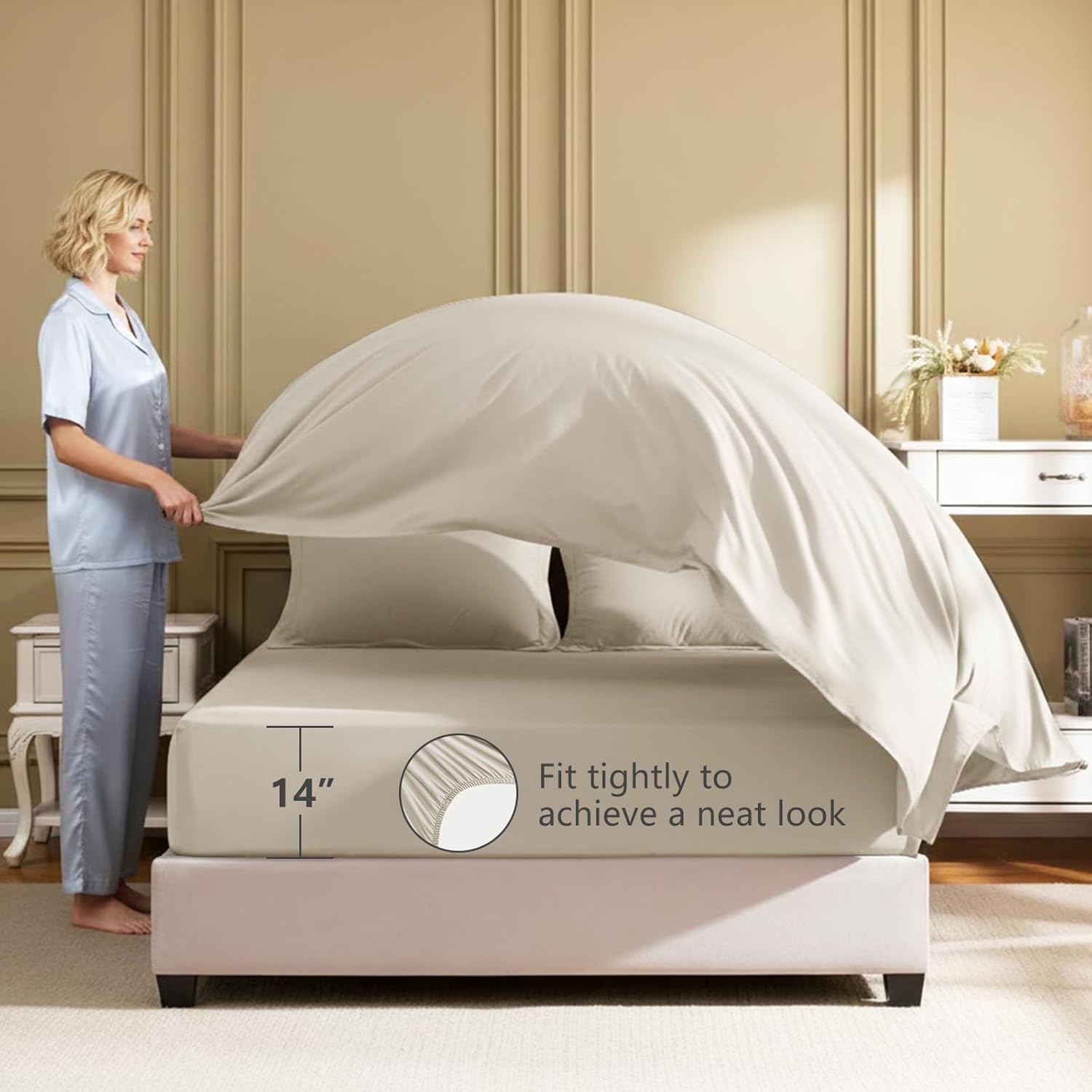 Beige Queen Comforter Set, 7 Pieces Bed in a Bag Queen Lightweight Bedding Set, All Season Soft 7PC Bed Set with Comforter, Flat Sheet, Fitted Sheet, Pillowcases & Pillow Shams - Image 5