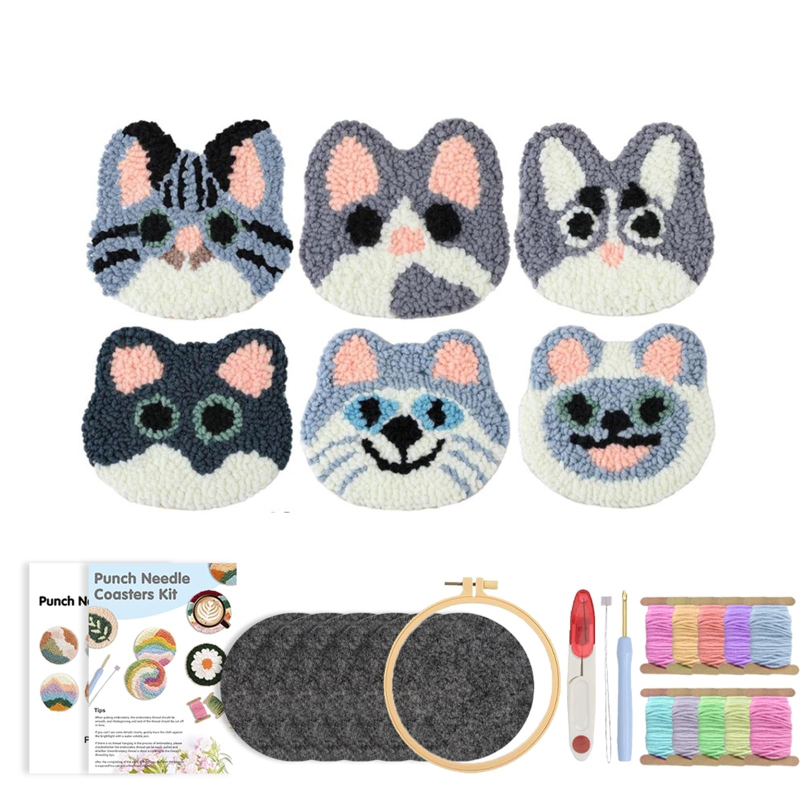 1set Punch Needle Coaster Kit Yarns and Sewing Coasters Kits for Beginners DIY Tufted Rug Pads with Adhesive Felt Embroidery for DIY(Color3)