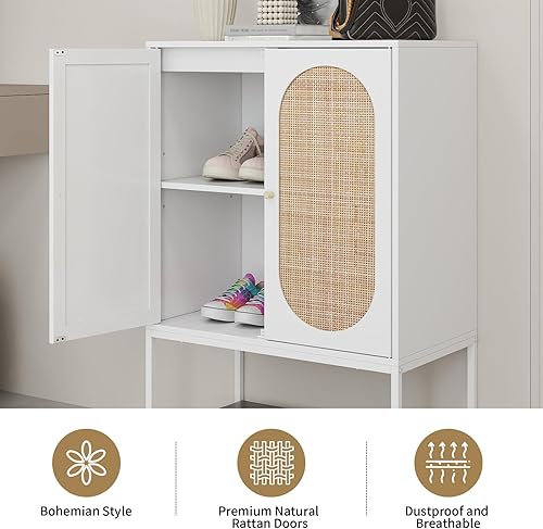Miniatura 6 de Gabinete alto de ratán natural de 2 puertas, aparador de buffet, estantes ajustables, armario de madera independiente para sala de estar y comedor