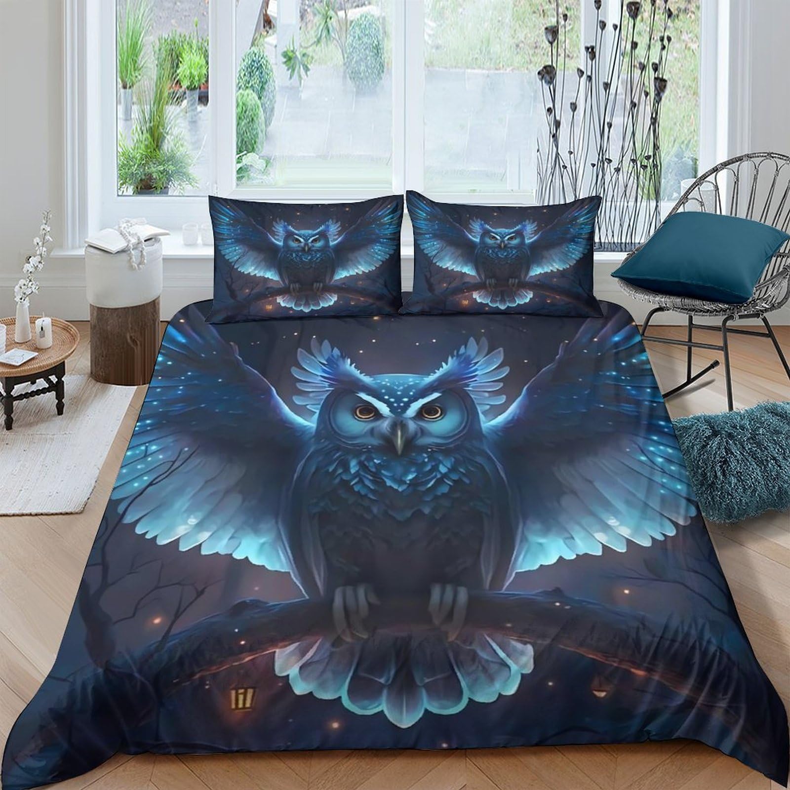 Housse de couette hibou bleu lumineux pour créer un espace cocooning dans sa chambre