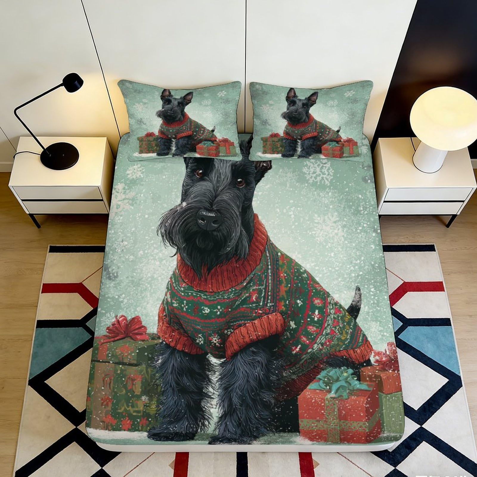 3D Printed Scottish Terrier Fitted Sheet Microfiber Soft Breathable Christmas Sweater Bed Cover for Bedroom Dormitory Guest Room Mattress Protection 200x200x25cm