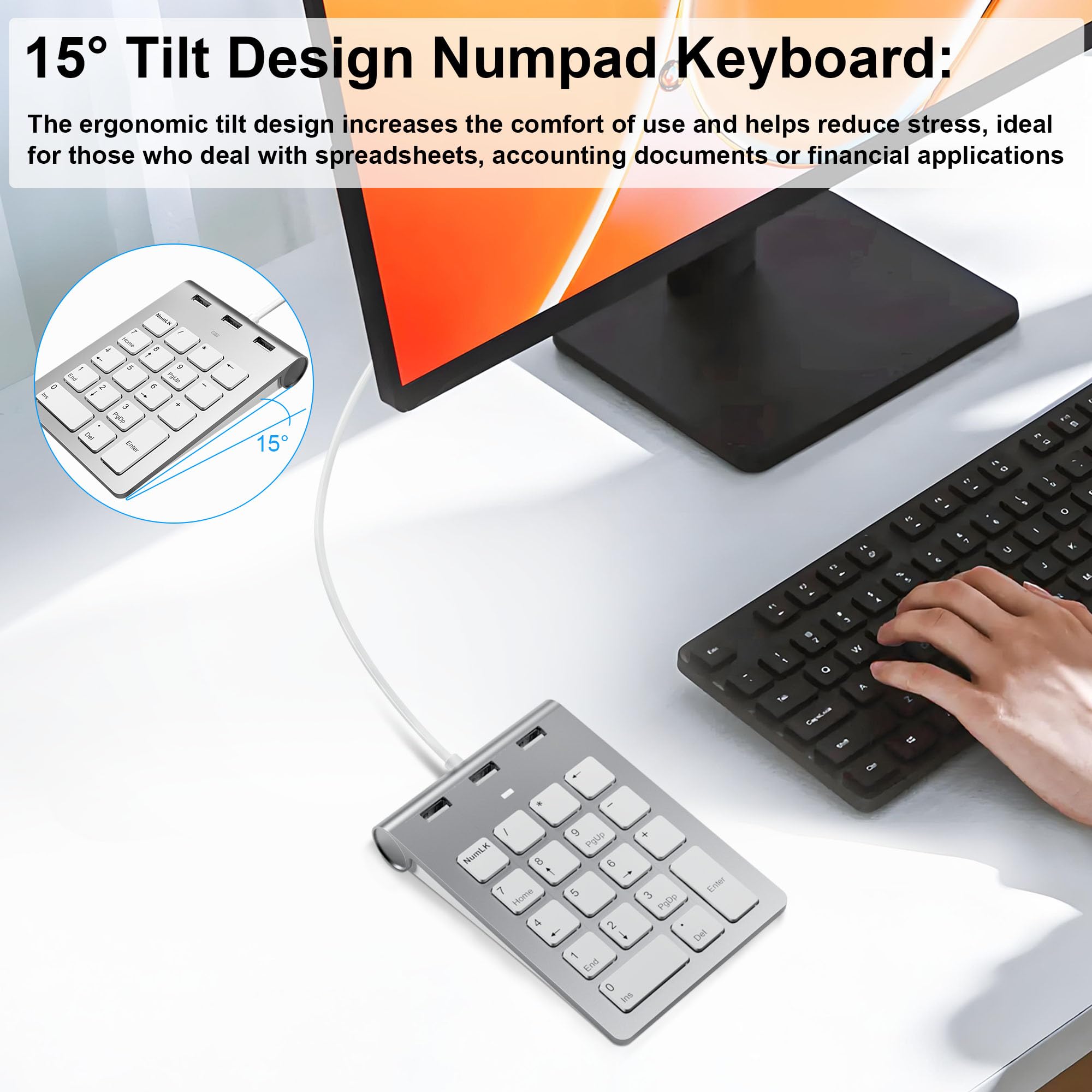 Pavé Numérique avec câble USB, USB A/USB C Clavier Numérique Ergonomique Portatif Mini avec 3 USB 2.0 Ports, Pavé de Calcul de Bureau 18 Touches pour Ordinateur Portable, Surface Pro, PC, iMac, iPad