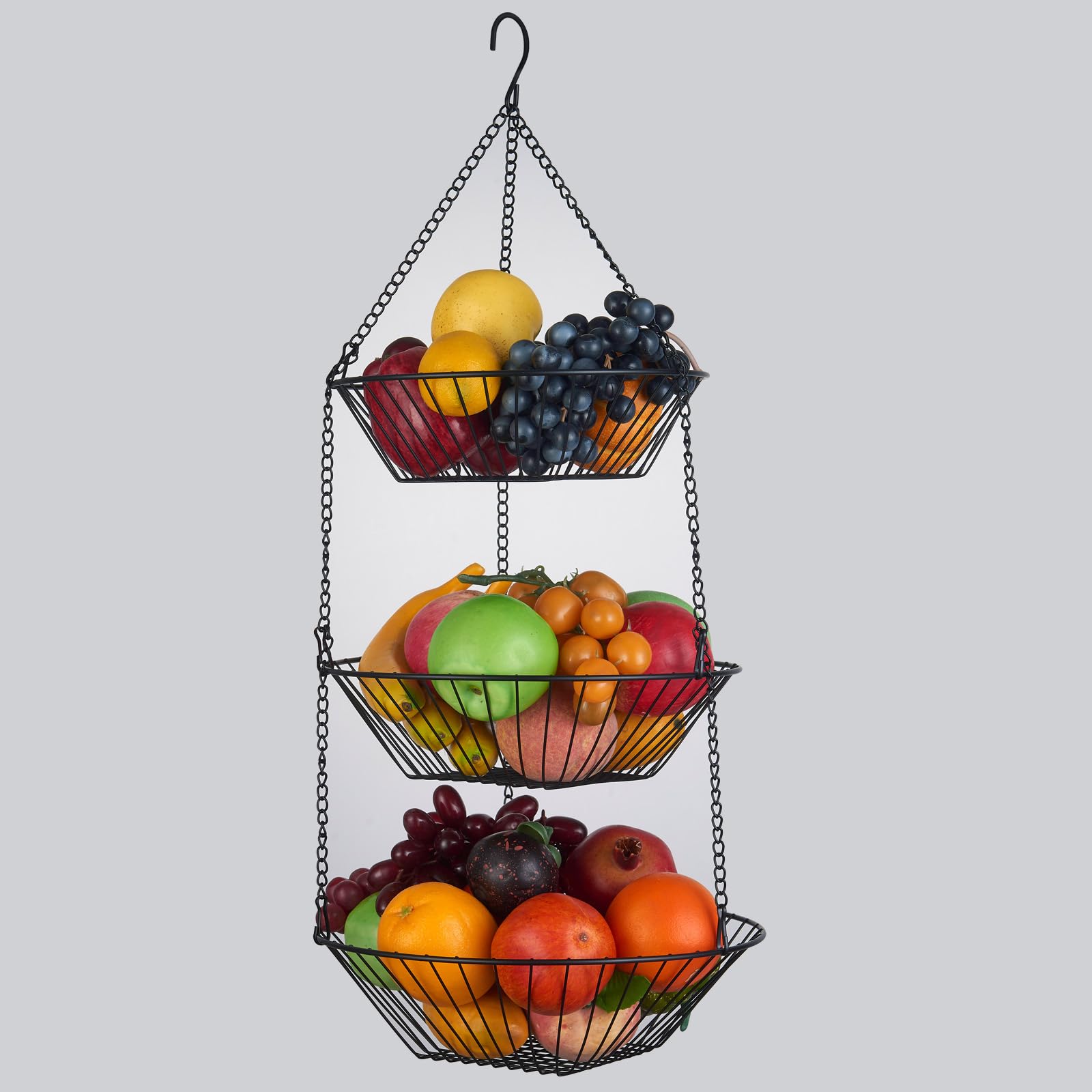 Cesta colgante de frutas de alambre de 3 niveles, cesta organizadora de almacenamiento de cocina, calcomanía sin costuras 3M y gancho de pared en S, adecuada para baño, cocina, armario 6