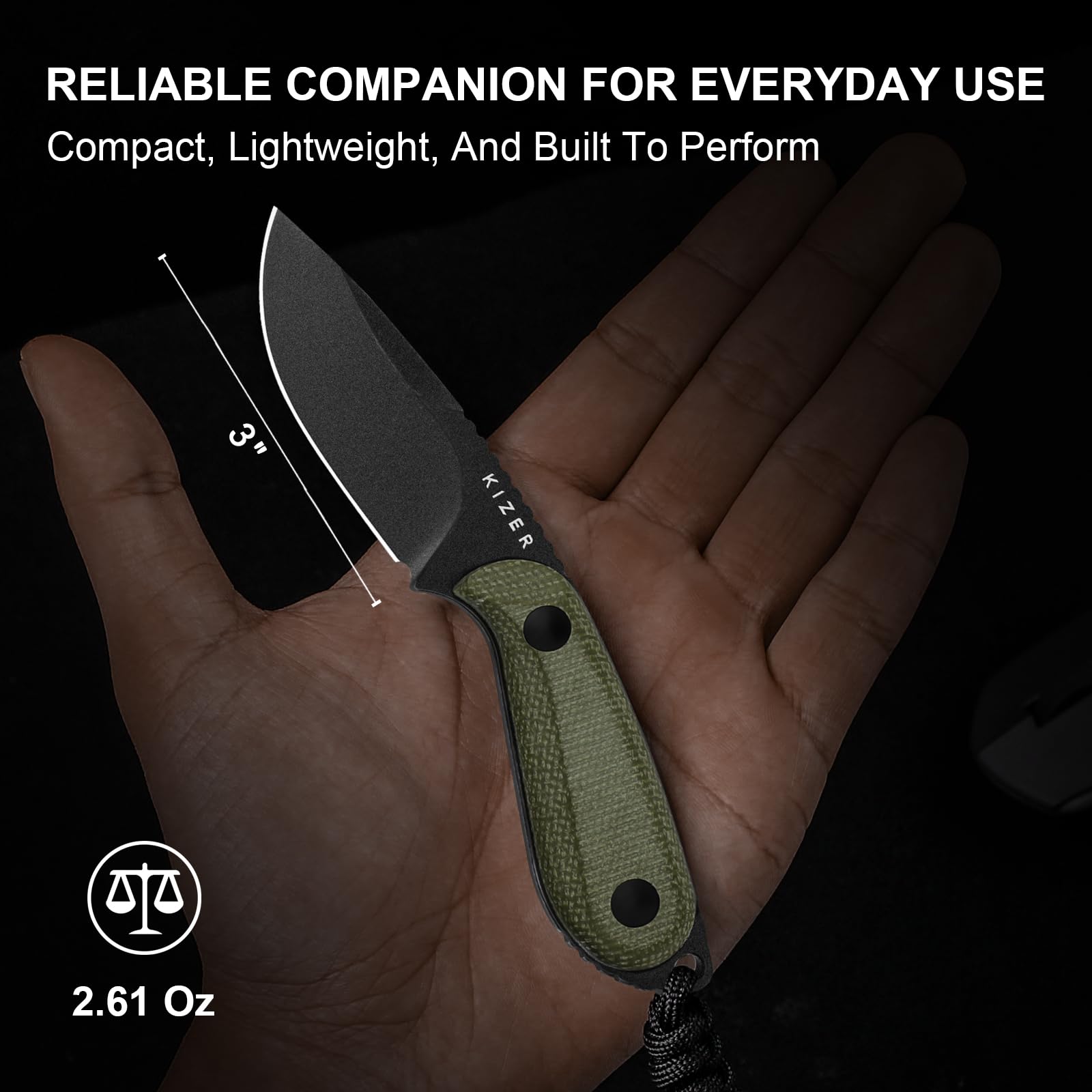 Kizer BUDDY Cuchillo de Hoja Fija, Cuchillo de Camping de Acero D2 de 3" con Mango de Micarta Verde Oliva, Cuchillos Compactos EDC de Hoja Fija con Funda para Senderismo y Camping 1081M1