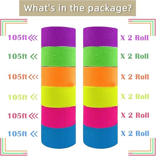 Miniatura 6 de Serpentinas de papel neón que brillan en la oscuridad, 1260 pies, luces negras, decoraciones de neón para fiestas, 12 rollos de papel crepé