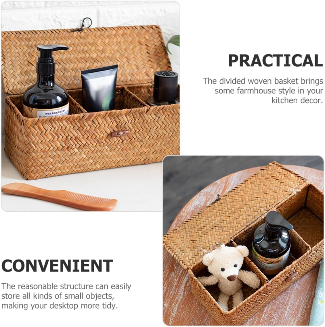 Cabilock Woven Storage Basket Lid Divided Organizer for Jewelry and Tea Natural Grass Material for Coffee Bar or Desktop Use