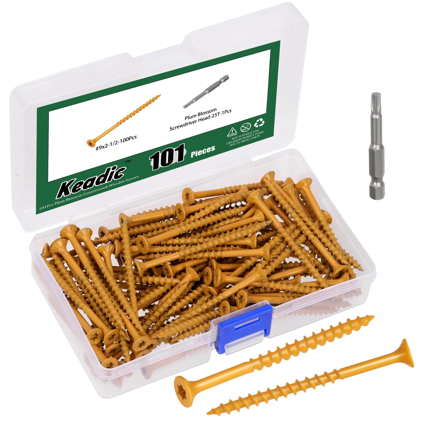 Keadic 100Pcs #9x2-1/2 Deck Screws, T25 Star Torx Drive Flat Head Wood Screws, Outdoor Wood Screws Assortment Fastener Kit, Rust Resistant Timber Screws for Timber/Log/Landscaping Wood(63mm)