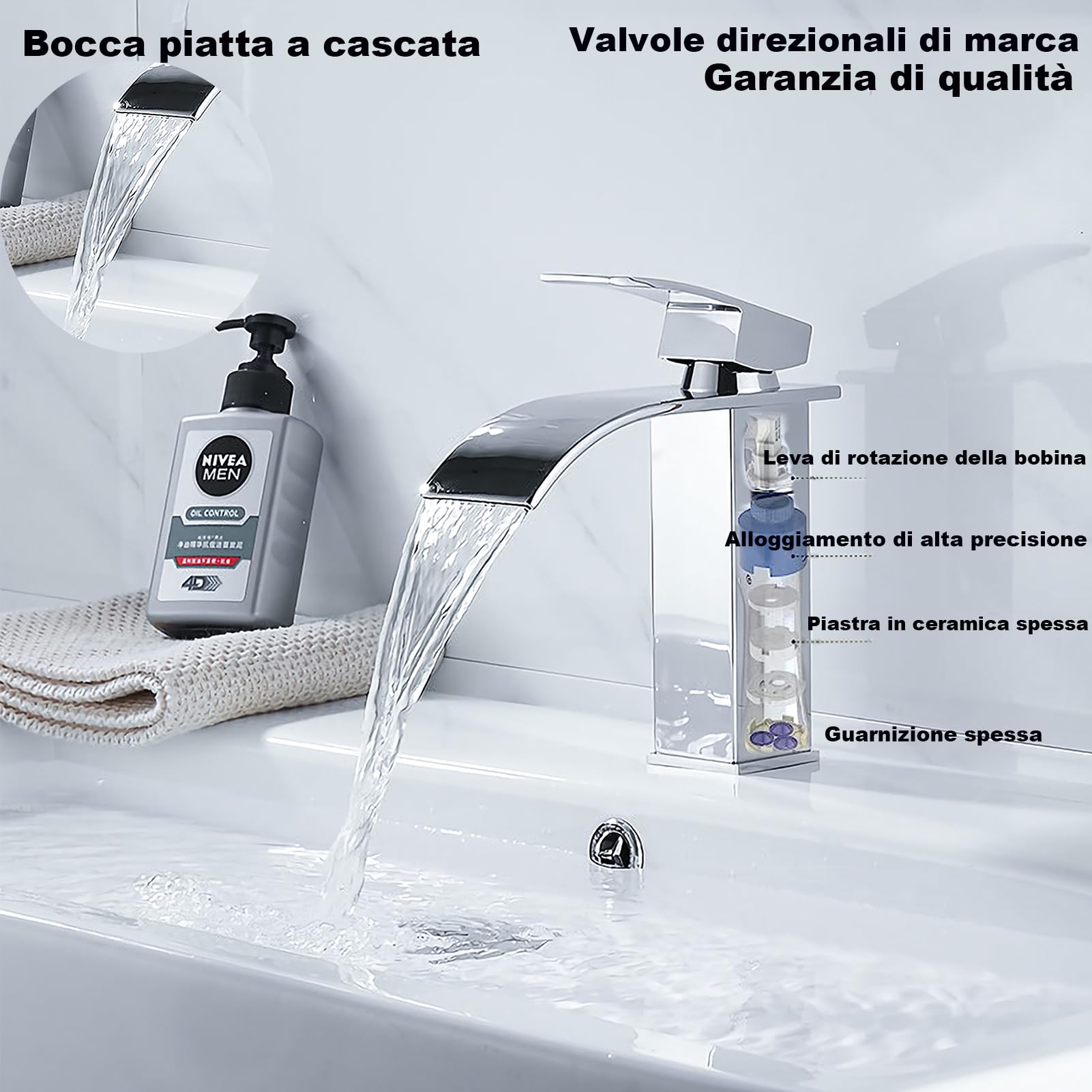 XWIHTR Rubinetto da bagno a cascata, rubinetto per lavabo, rubinetto per lavabo a una maniglia; bocca calda e fredda, silenzioso, rubinetto da bagno in ottone in acciaio inox (cromo)