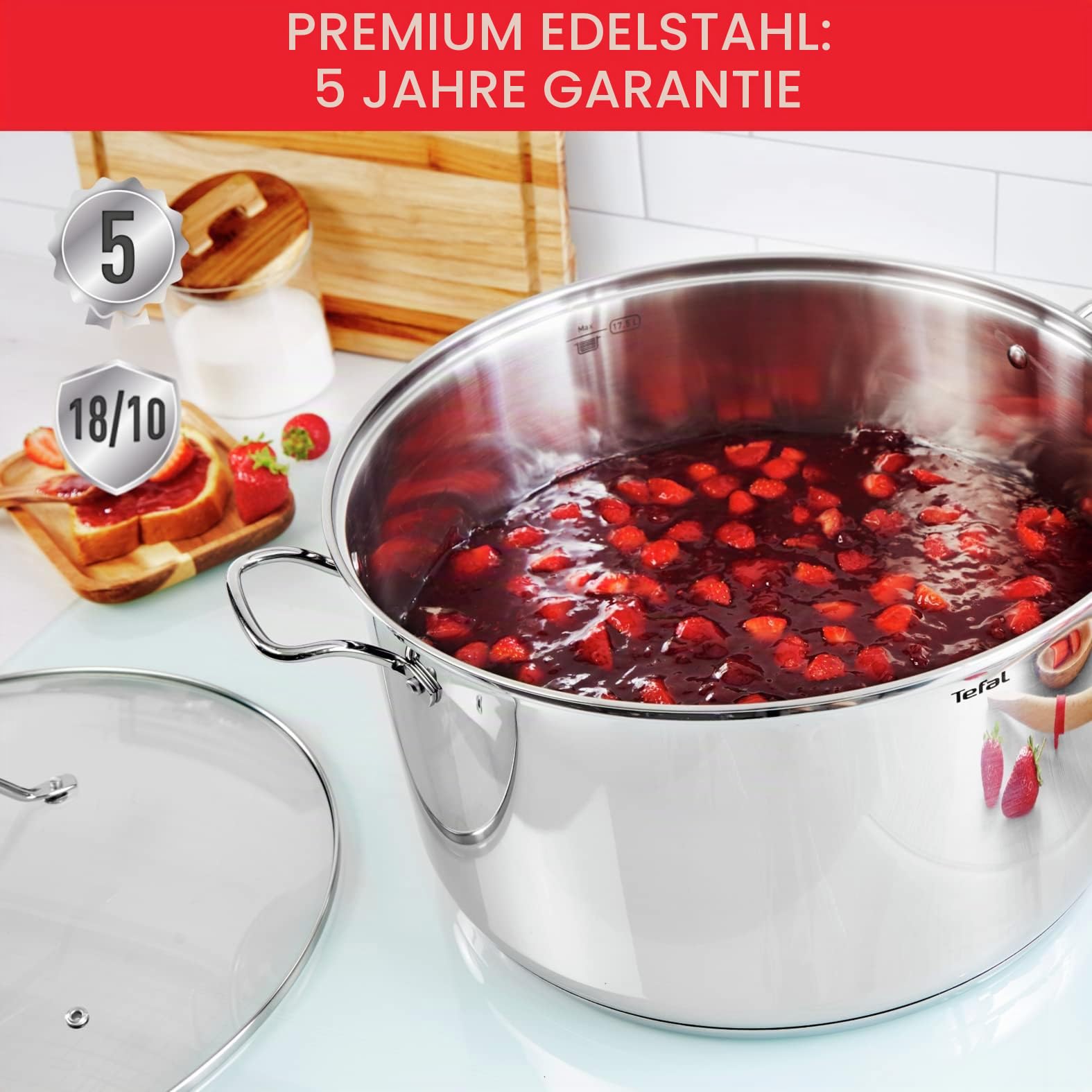 Tefal Intuition XL Kochtopf 36 cm / 17,5 l, Induktion, Edelstahl 18/10, 5 Jahre Garantie, robuste genietete Griffe, Glasdeckel B8647504