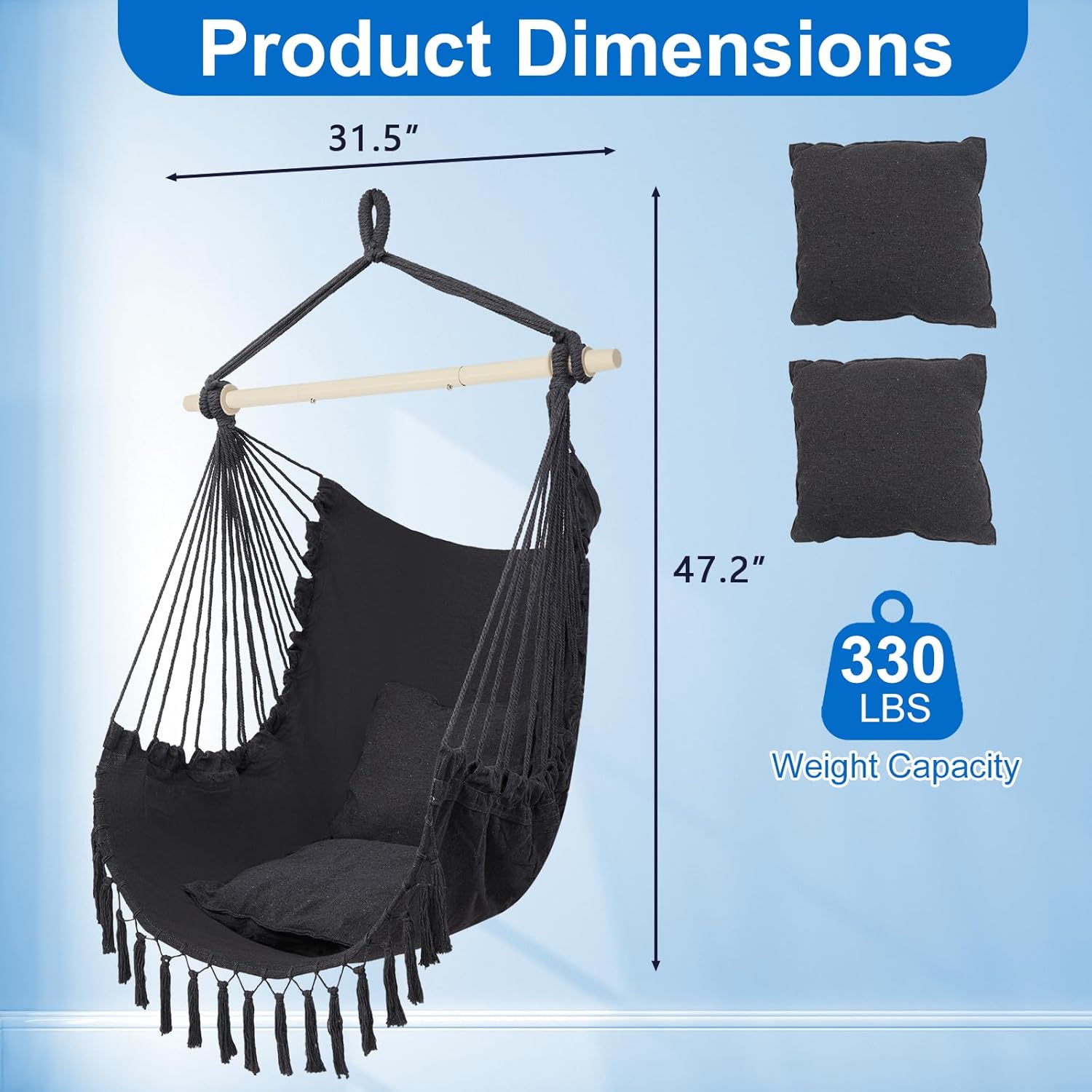 Outvita Hammock Chair Suspended Rope Swing with Stylish Tassels, Non-Slip Galvanized Steel Poles, Includes 2 Fluffy Pillows, Maximum Weight Capacity 500 lbs, Indoor and Outdoor Available, Black
