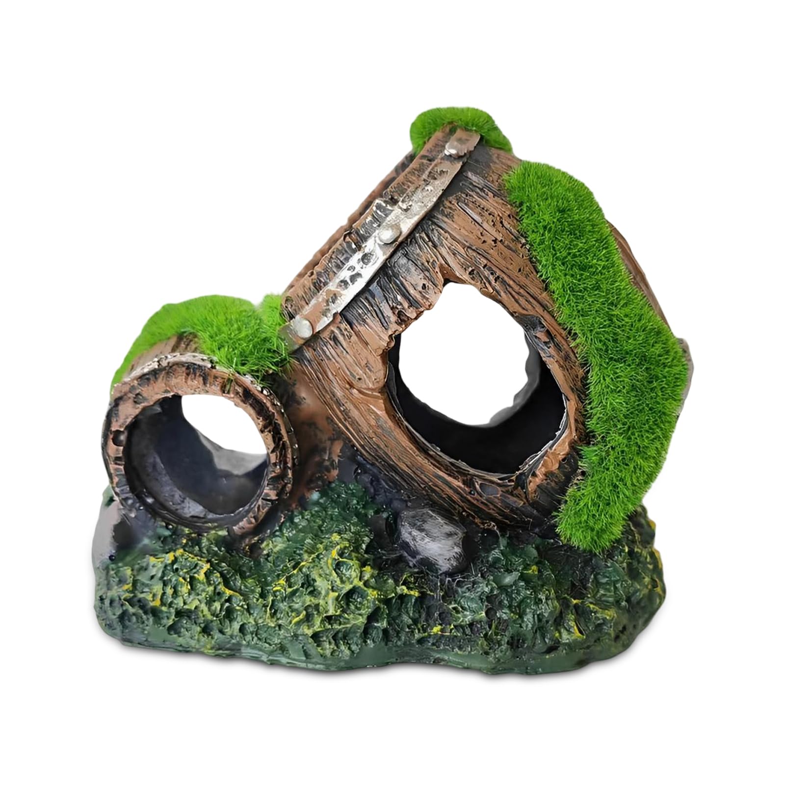 Bootoow Aquarium Decoration, Simulation Moss Aquarium Decoration, Resin Aquarium Barrel Underwater Decoration Cave Landscaping Double Barrels Design for Small Shrimp, Fish, Turtle