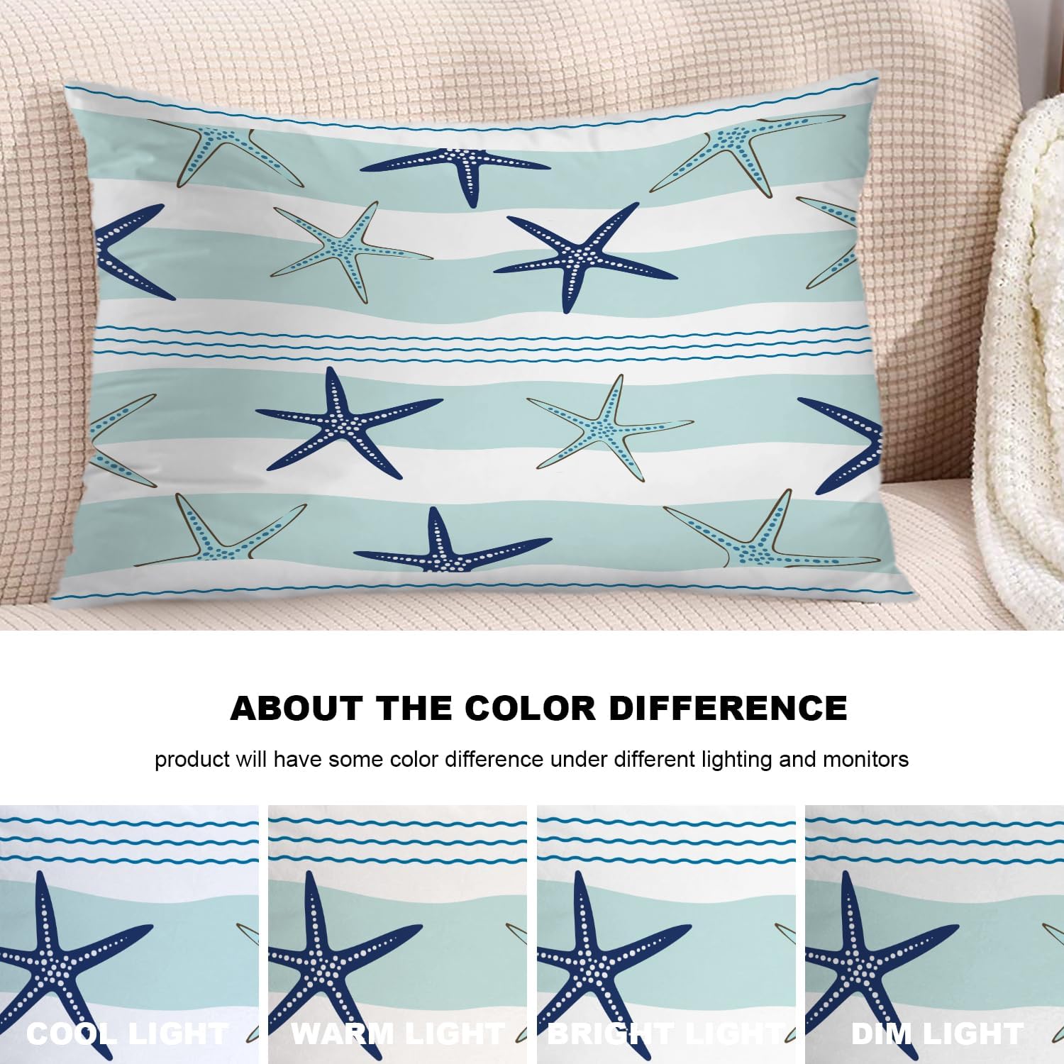 Duotone Blue Nautical Starfish Throw Pillow Covers,Dark Blue Coastal Stripe Cushion Cover Digital Blended Hidden Zipper Decorative Pillowcases for Bedroom Lumbar 20X26 in 2 Pcs