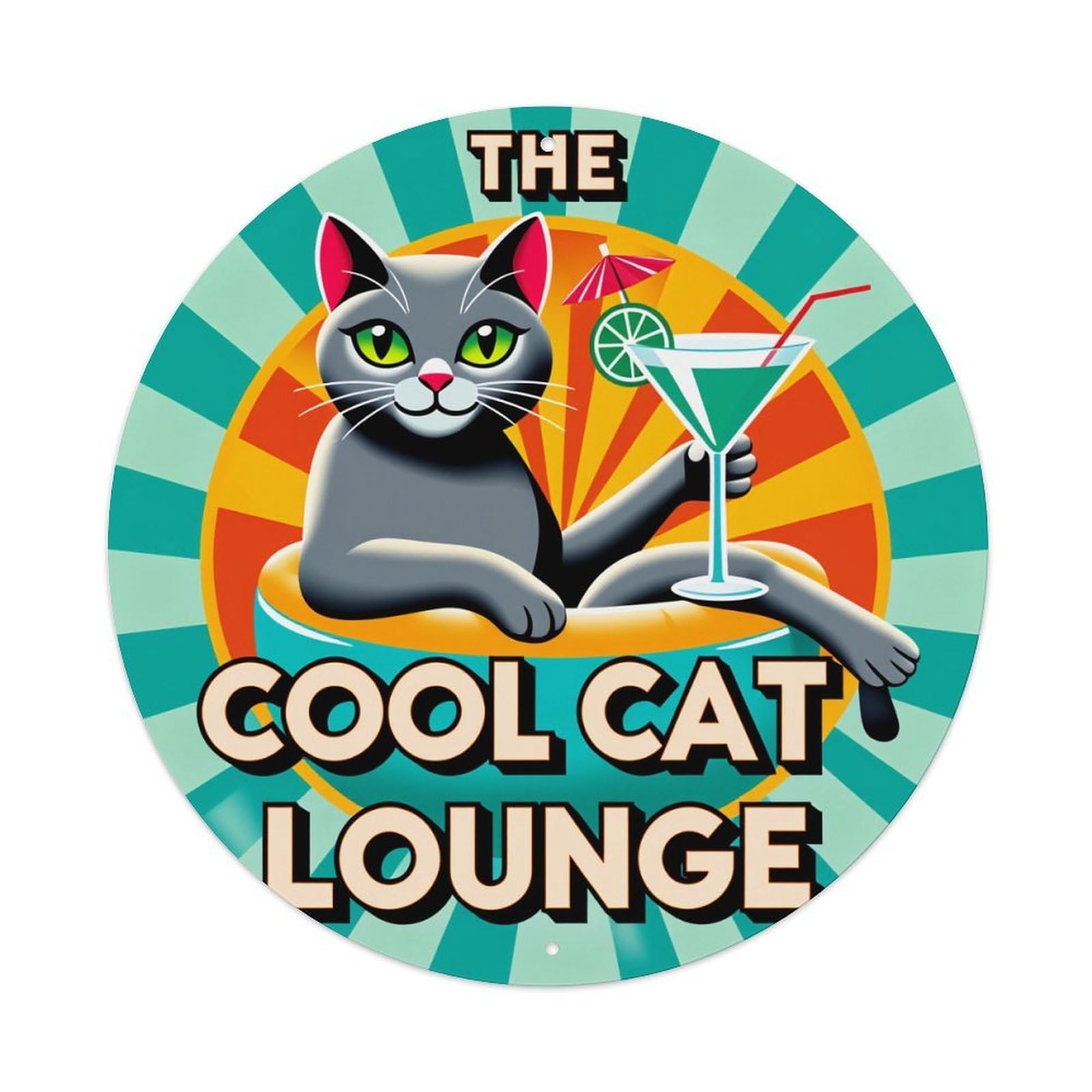 Cat Cocktail Sunburst Lounge Pattern Round Tin Sign Vintage Style Metal Sign Home Bar Garden Wall Plaque Decor Metal Poster 8x8 Inch