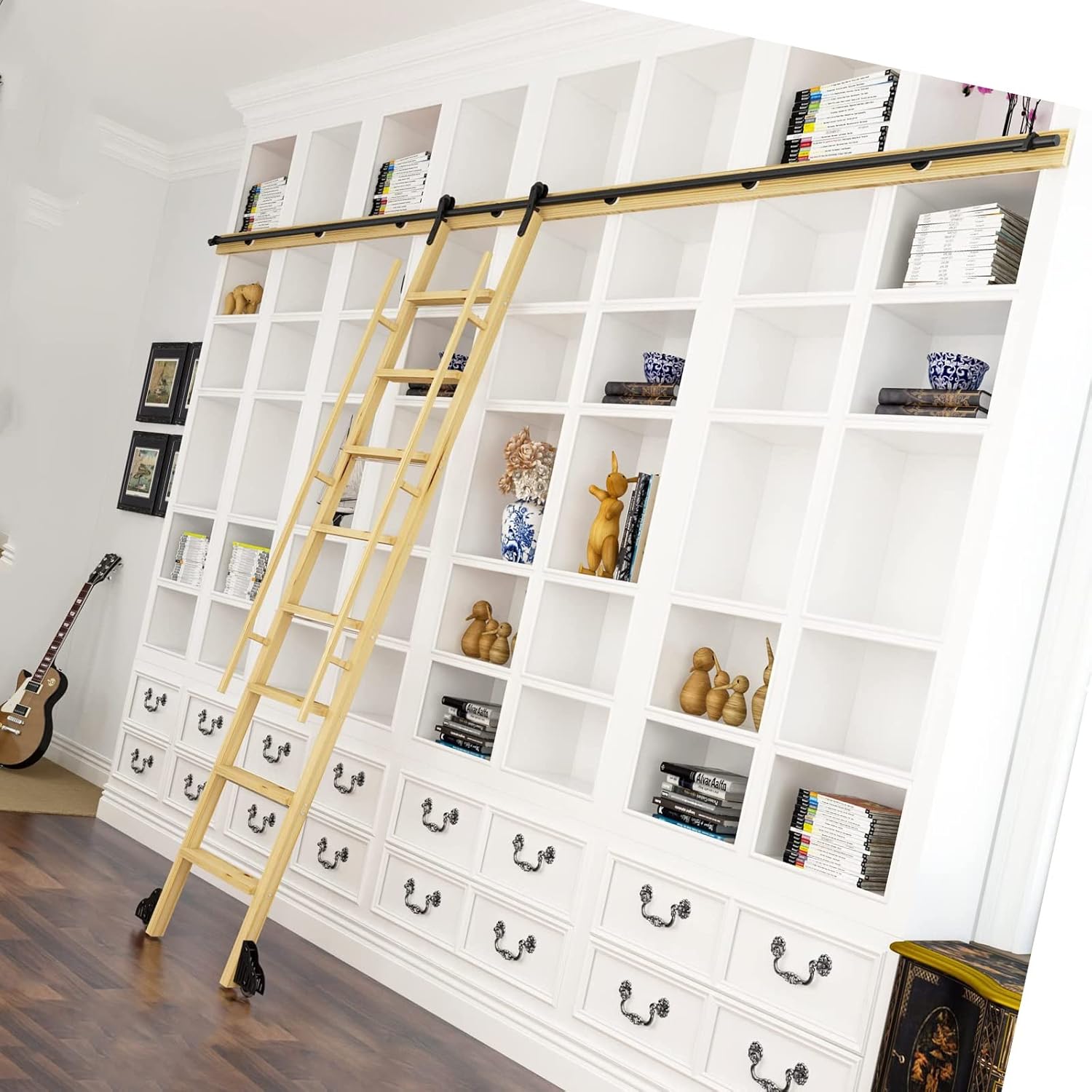 Sliding Library Ladder Hardware Kit Rustic Black Rolling Round Tube Mobile Ladder Track with Floor Rollers Carbon Steel Material Sliding Barn Door Track Accessories