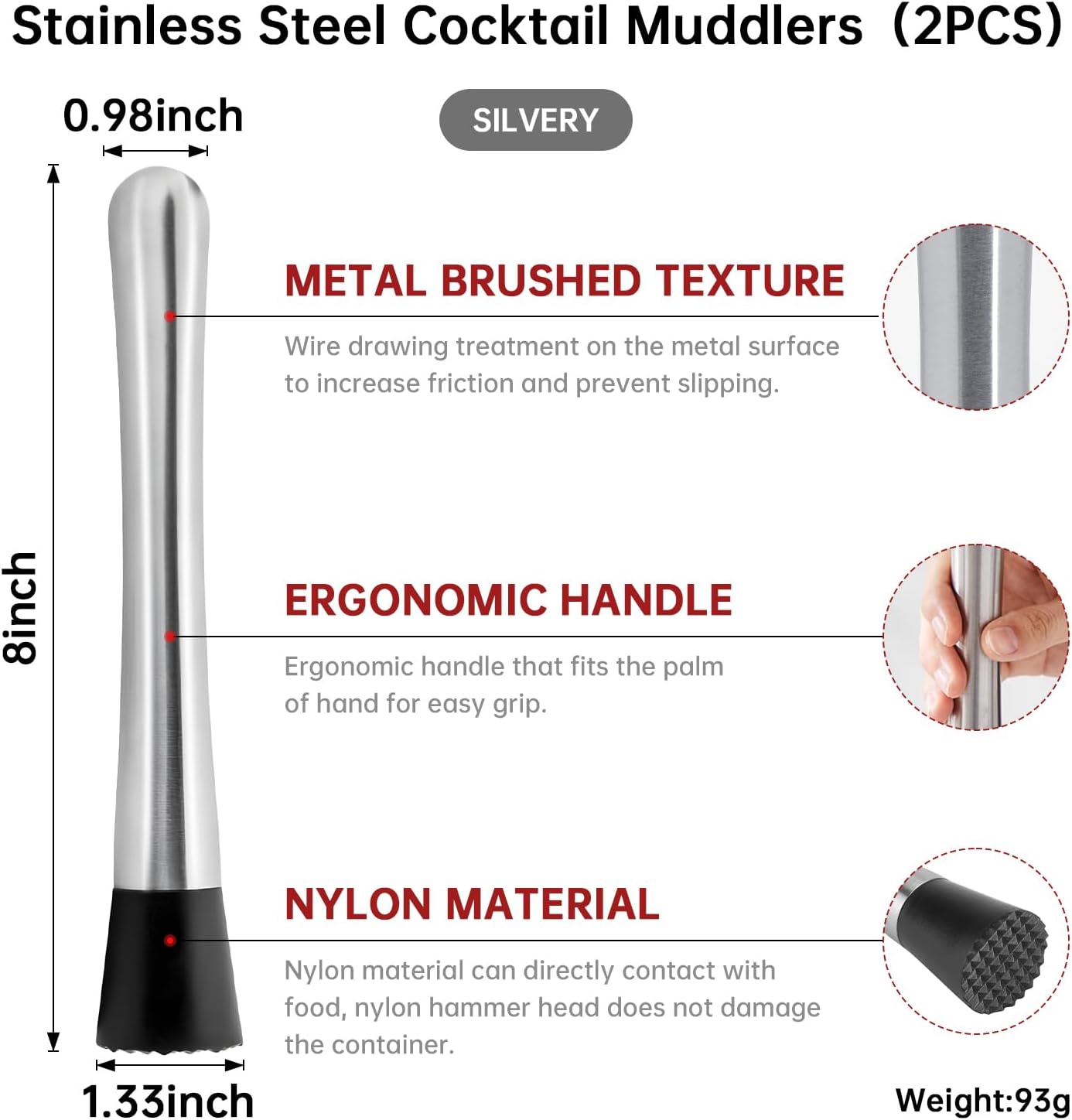 2Pcs 8 Inch Stainless Steel Cocktail Muddler and Mixing Spoon Home Bar Tool Set - Create Delicious Mojitos Old Fashioned/Mint Julep/Other Fruit Based Drinks (Silver) image 2