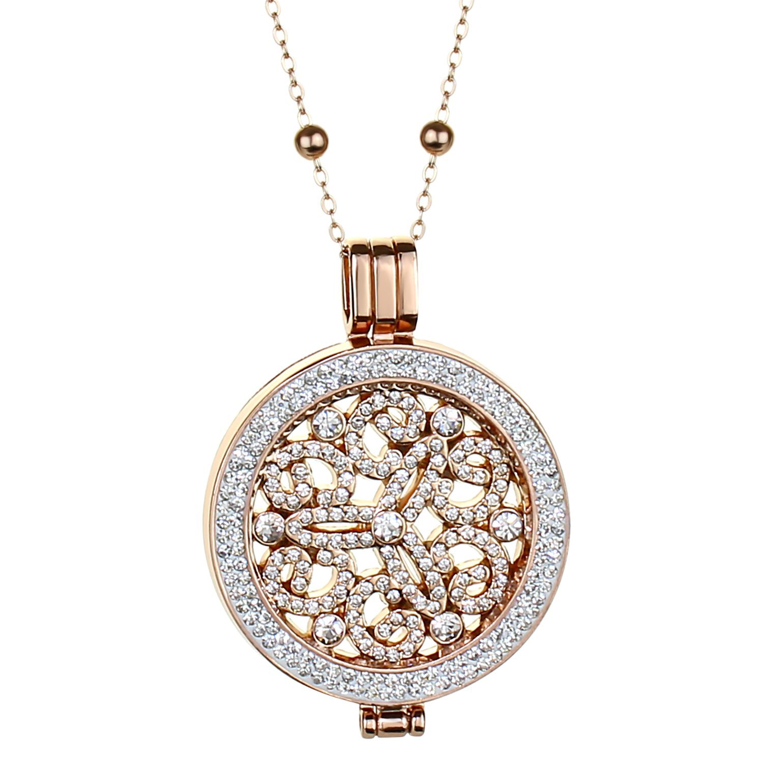 Cubic Zirconia Lockets and Coins With Beaded Necklace - Gold, Silver and Rose Gold Necklace