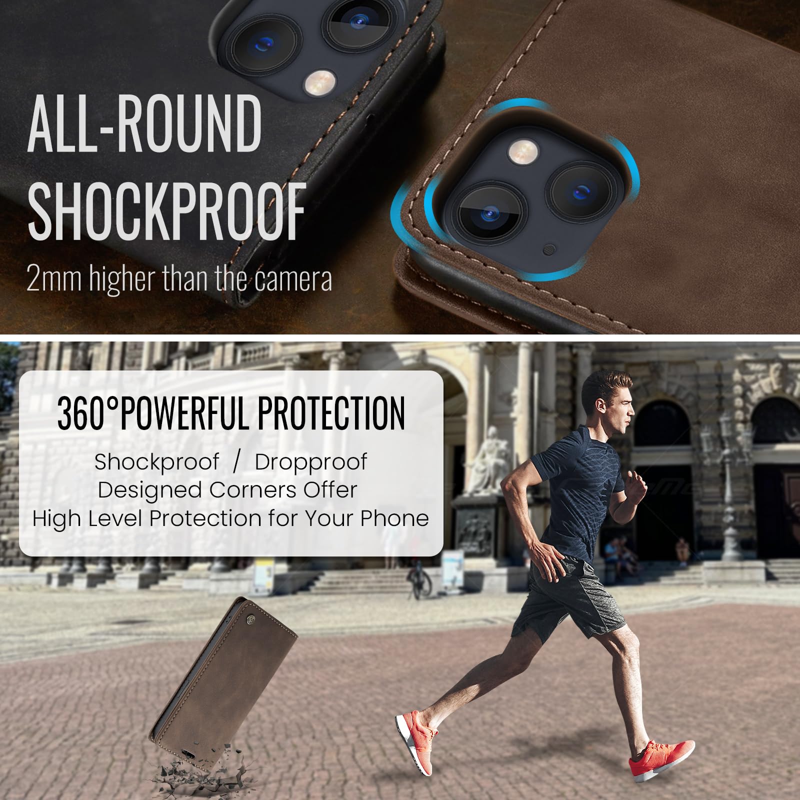 Azororo Cover per iPhone 14 5G, Premium PU Pelle Custodia, Magnetica Carta Fessura Portafoglio Case, Flip Cavalletto Custodia per iPhone 14 - Caffè