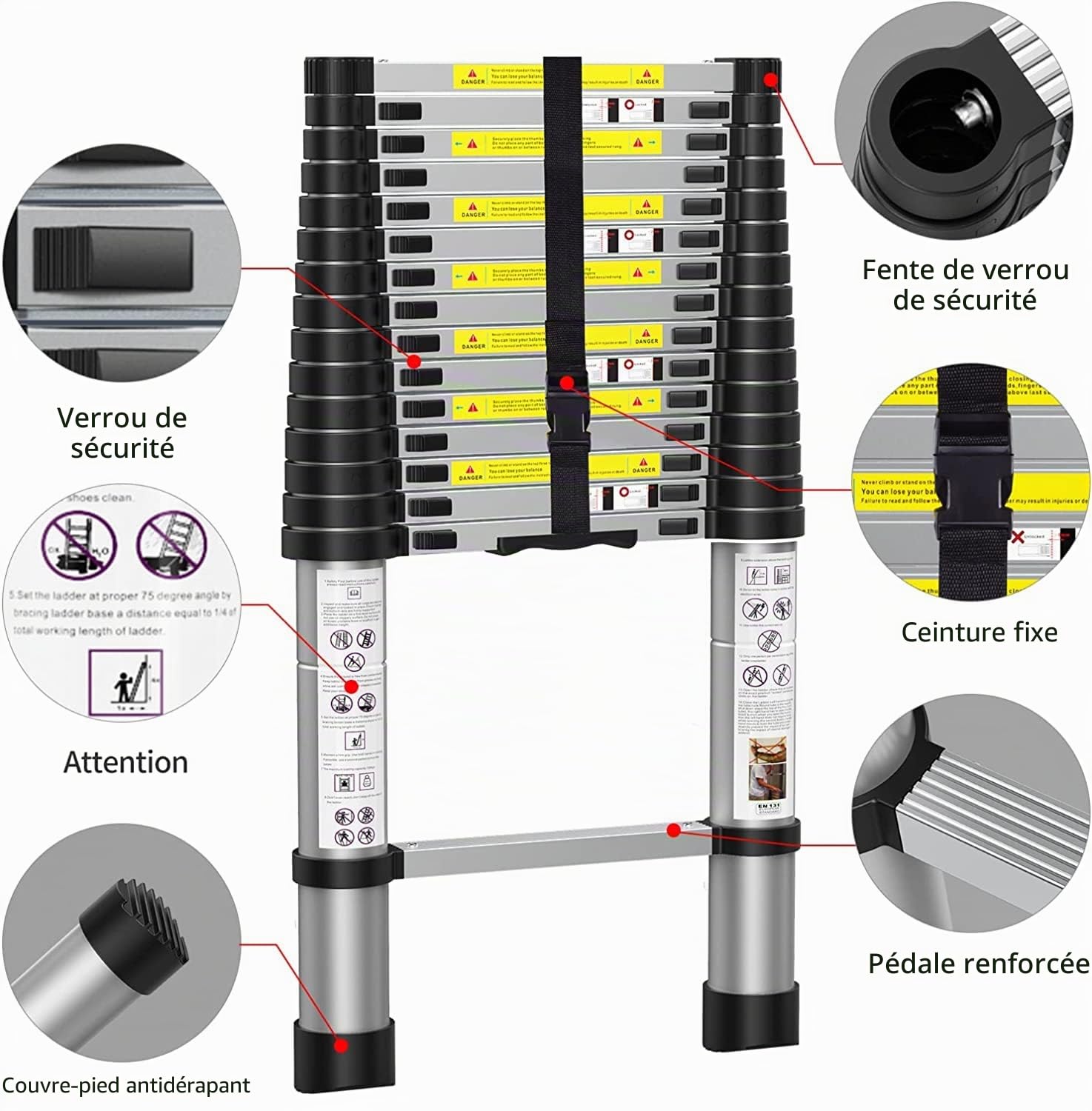 BOWEITI Échelle télescopique de 4,7 m, échelle Pliable en Aluminium avec Pieds antidérapants, échelle compacte légère pour Camping-Car, Maison, extérieur, échelle d'extension d'une capacité de 150 kg