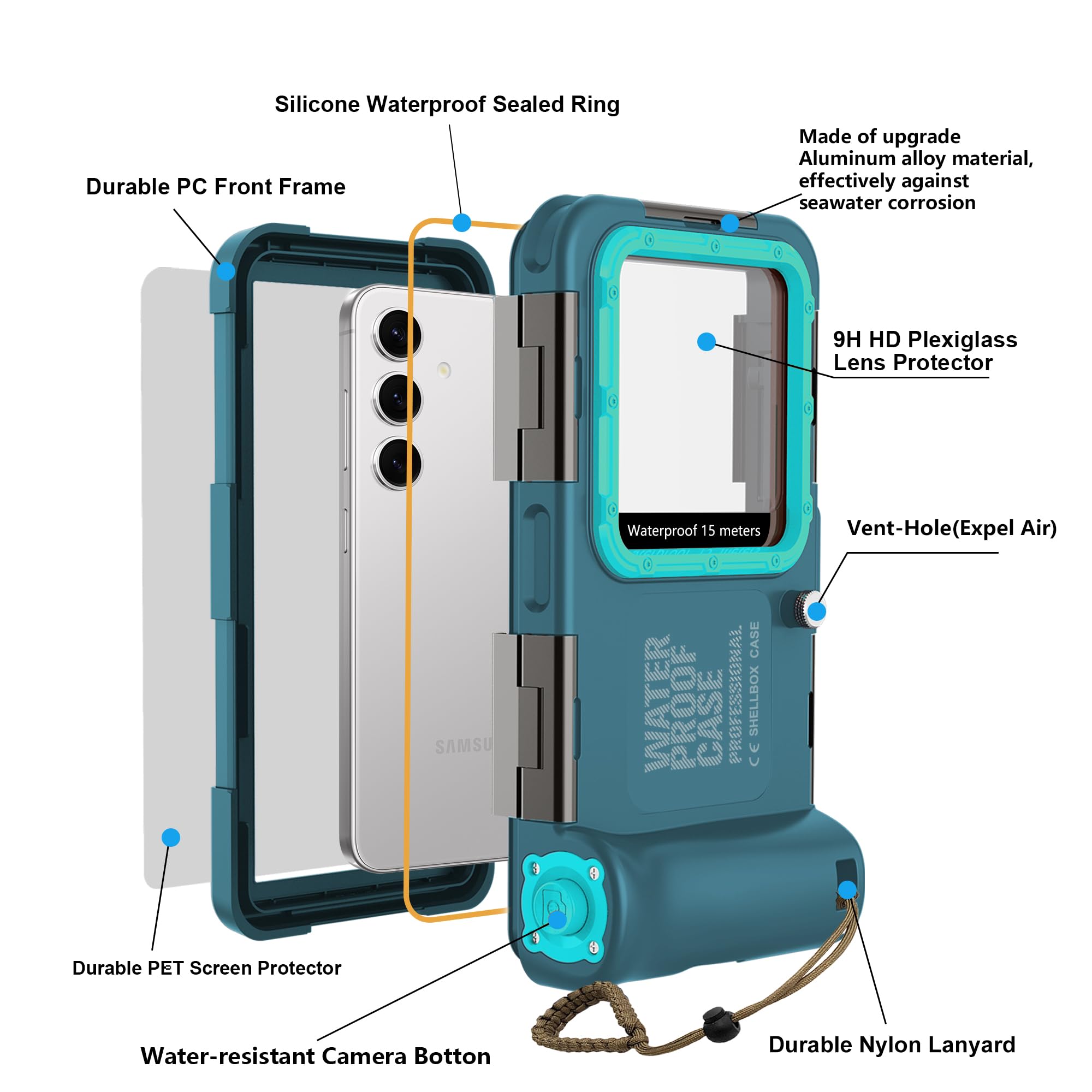 Universelles Tauchen, 15 m, Unterwasser-Schnorcheln, wasserdichte Handyhülle für Samsung Galaxy S26/25/S24/S23 Ultra/Plus, Google Pixel, Motorola, Huawei/LG-Serie, Lautstärke-Taste, Blaugrün