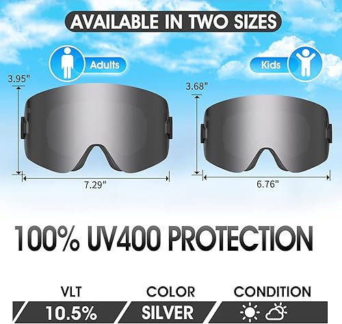 Miniatura 6 de Greatever Gafas de esquí, OTG sin marco, para nieve, snowboard, cilíndricas, anti niebla, protección UV400 para hombres, mujeres, jóvenes y niños