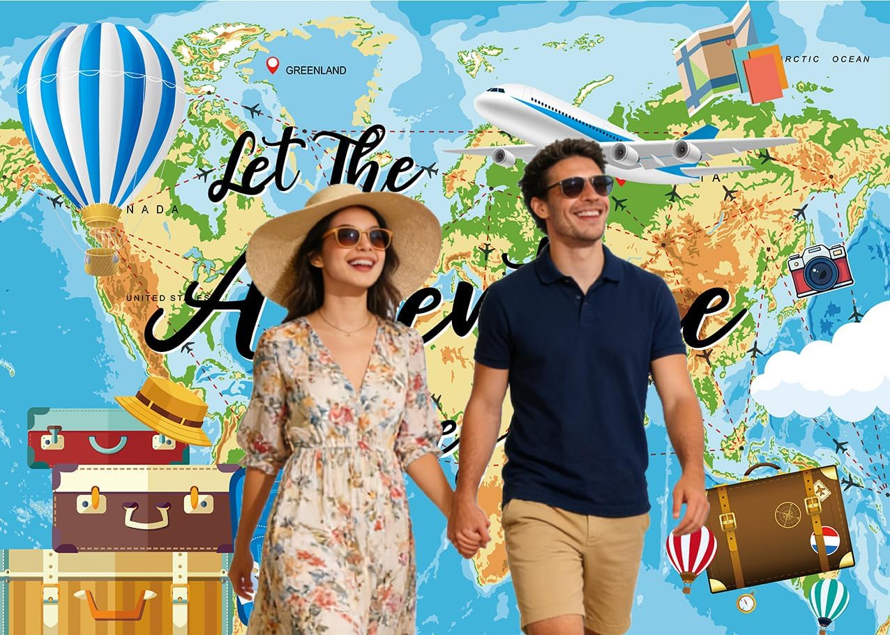 Adventure Awaits Backdrop 8x6FT Let The Adventure Begin Bon Voyage Photography Background Travel Theme Banner Graduation Party Decorations Supplie (96x72 inch)