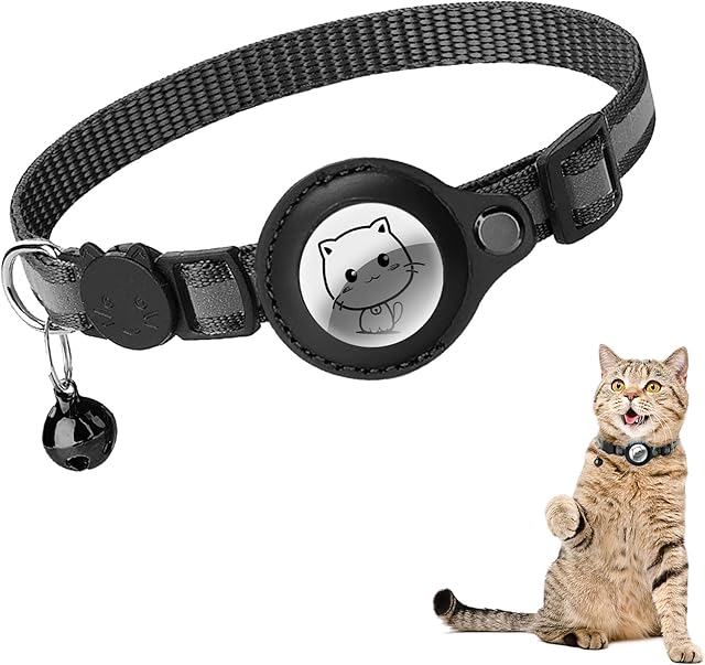 Pinenuts Reflective Airtag Cat Collar, Kitten Collar with Air Tag Holder Case & Bell, Adjustable Cat Collar with Breakaway Buckle Design for Cats Kitten(Black)