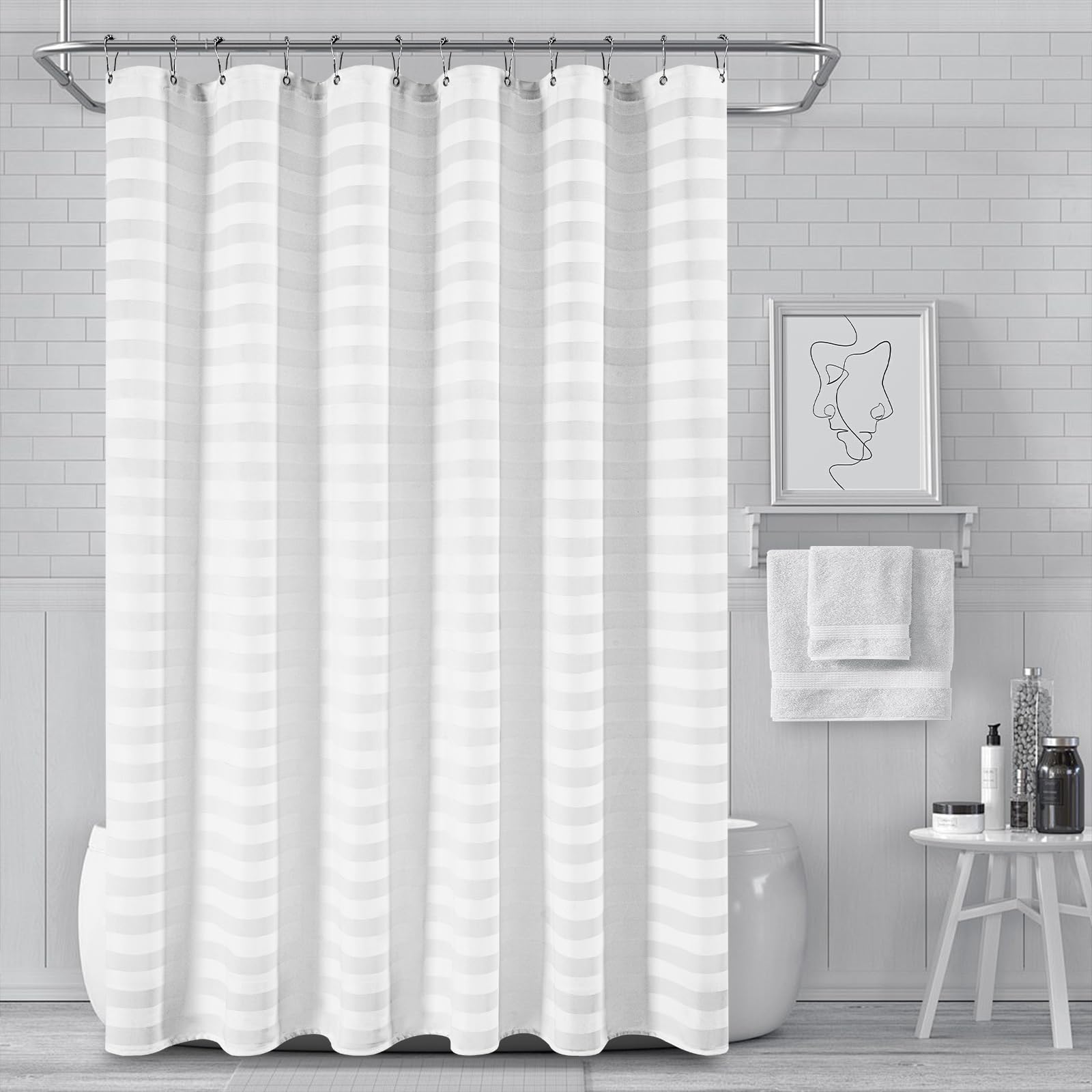 Waterproof Fabric Shower Curtain, Extra Long White Striped Shower Curtain Simple Neutral Weighted Shower Curtains for Bathroom, 230GSM Modern Ivory