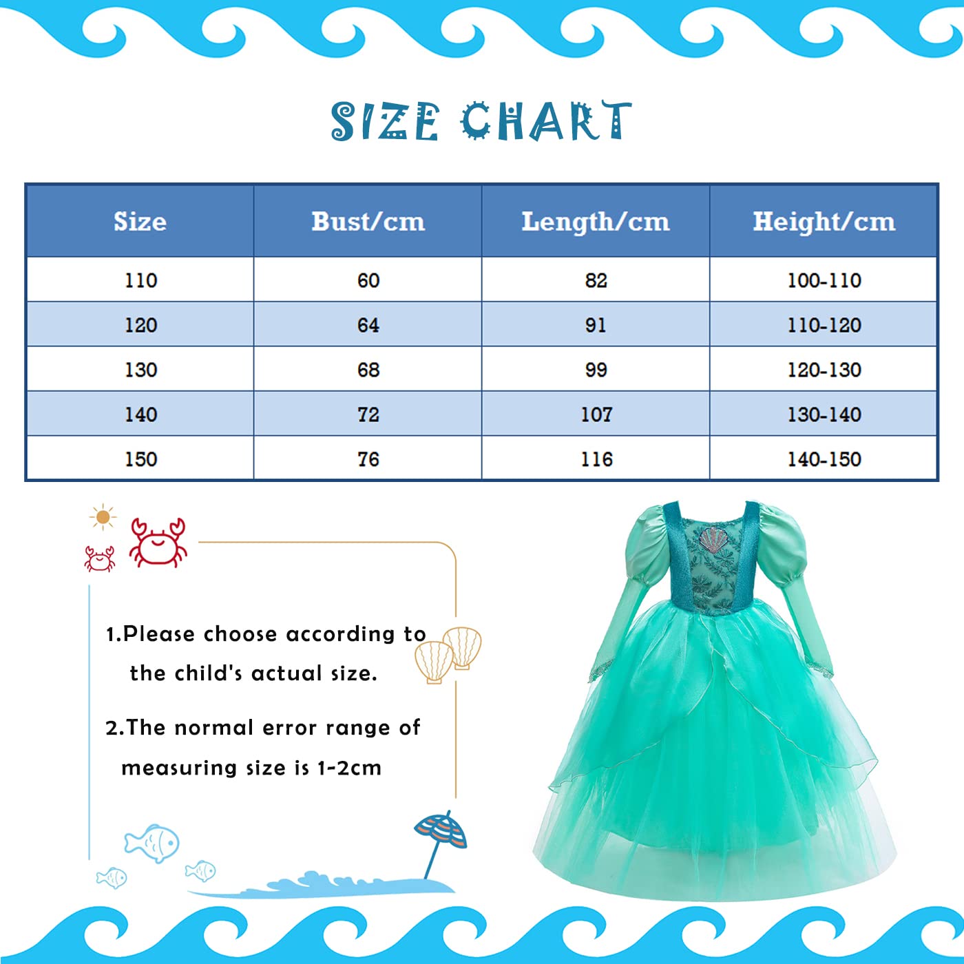 Emin Ragazza Costume da Sirena Principessa Vestito da Principessa Ariel con Accessori Parrucca Costume da Halloween Carnevale Cosplay Compleanno Natale Festa Vestito Fantasia