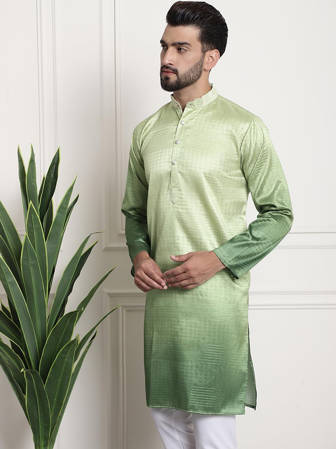 Sojanya (Since 1958 Men's Jacquard Silk Multi Shade Green Color Kurta With Sequence