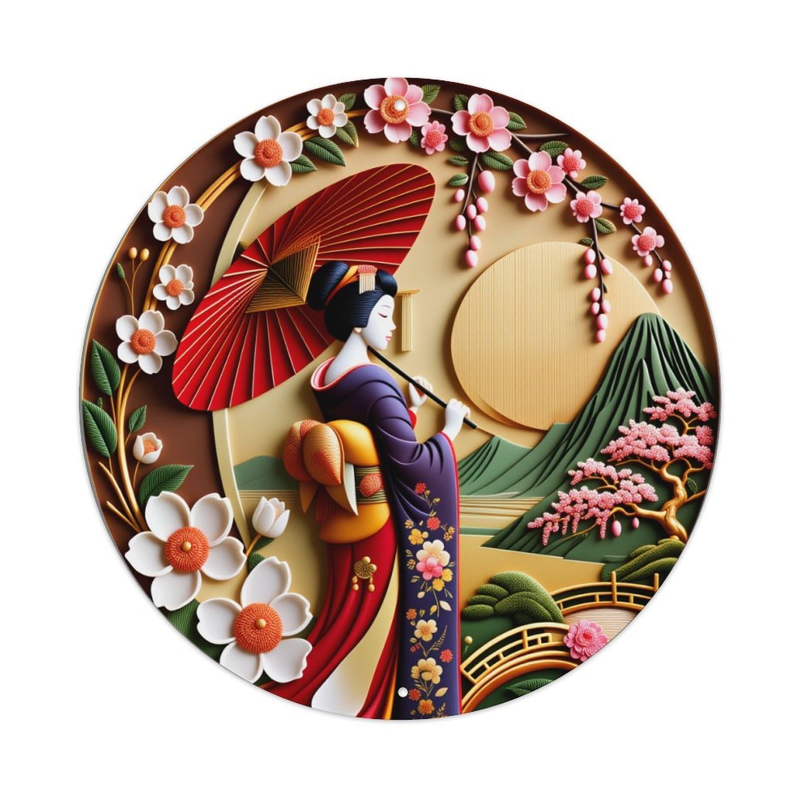 Geisha With Umbrella Cherry Blossoms Mountain Sunset Bridge Round Vintage Tin Sign,Retro Wall Art,Metal Poster for Home, Bar, Garage, Cafe, Rustic Indoor & Outdoor Decor, 8x8 Inches
