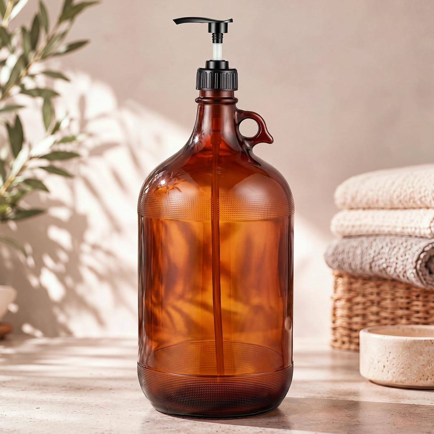 135oz Amber Glass Pump Dispenser Bottle for Laundry Detergent