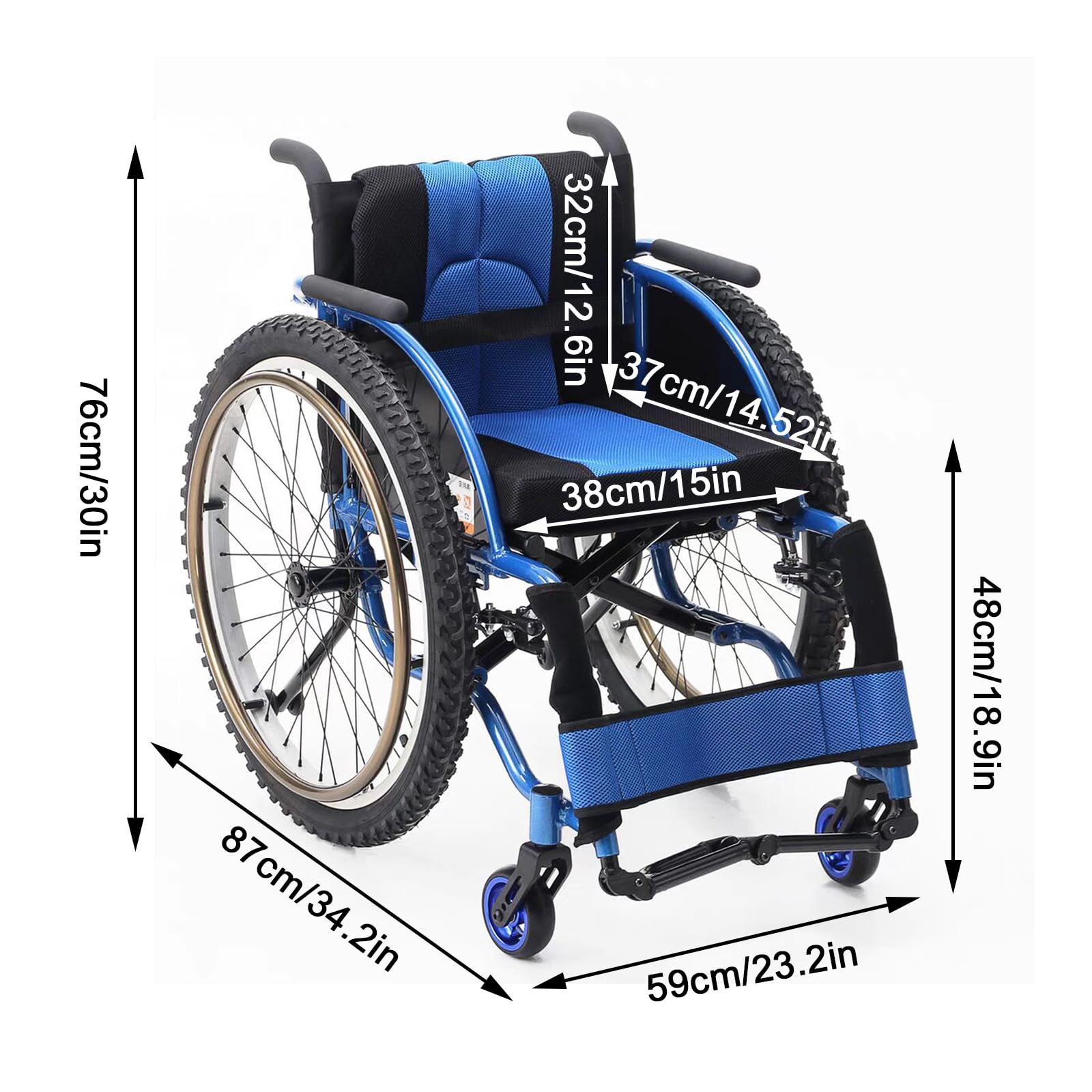 Silla de Ruedas Plegable superligera con Marco de Aluminio,Silla De Ruedas Deportiva Todo Terreno,Silla De Ruedas De Aluminio,Silla De Ruedas para Adultos con Antivuelco(Seat Width 38cm/15in)