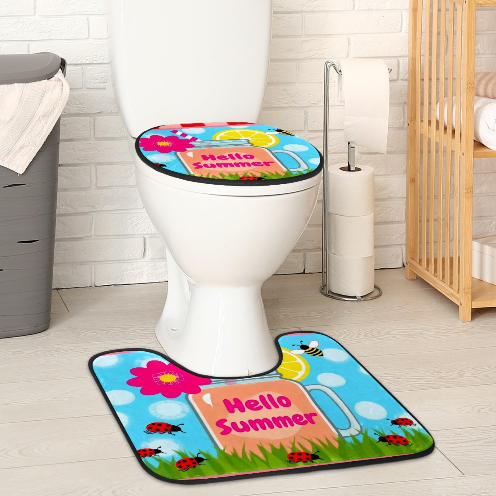 2 Pieces Flannel Toilet Contour Mat and Toilet Lid Cover, Soft Toilet Lid Cover Set Machine Washable Non Slip Contour Mat for Bathroom Decor Accessories