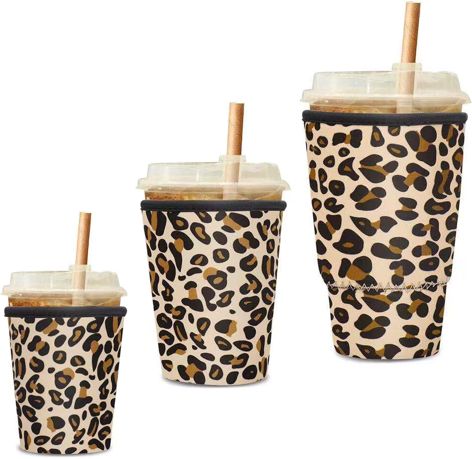 3 Pack Reusable Iced Coffee Sleeve Neoprene Insulator Sleeve for Iced Coffee Cups or Cold Beverages Cups (Leopard)