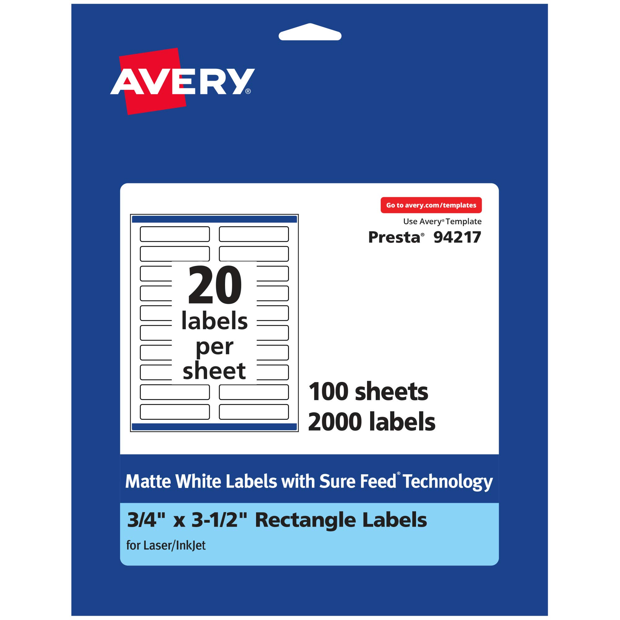 Avery Matte White Rectangle Labels, Sure Feed Technology, 0.75" x 3.5", 2,000 Matte White Printable Labels