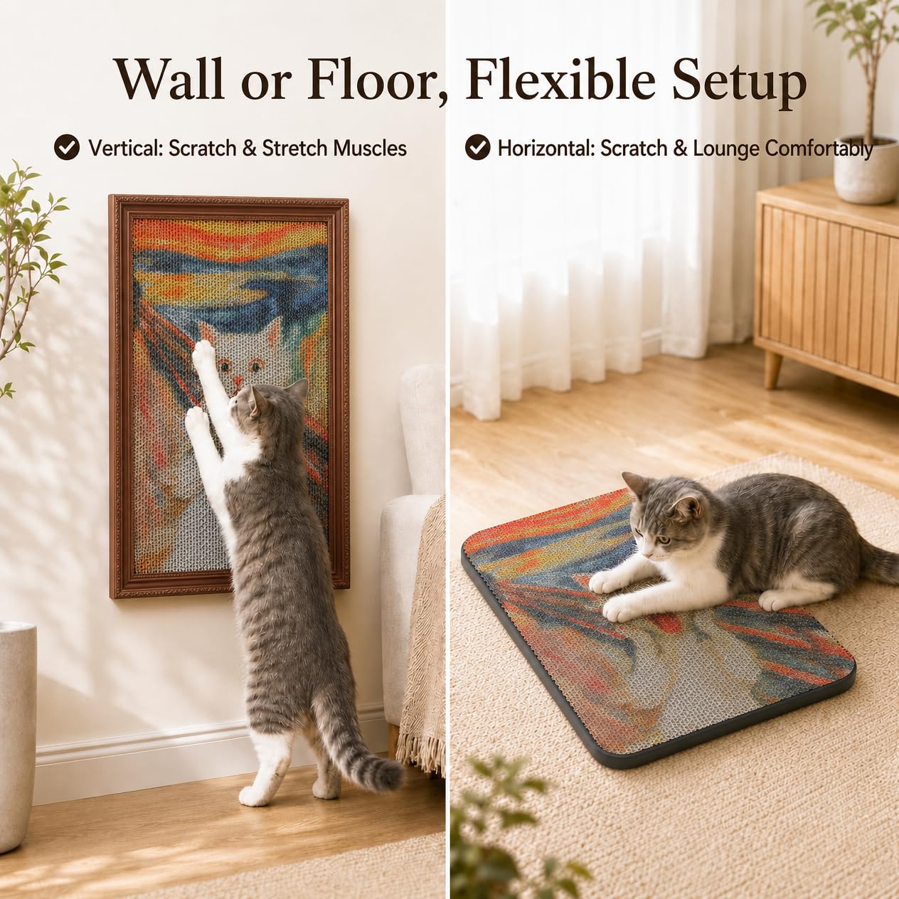 MUTTROS Lot de 3 griffoirs muraux pour chat verticaux en carton avec bandes adhésives, jouet pour chat d'intérieur et protection de meubles muraux, 41,6 x 30,5 x 1,8 cm