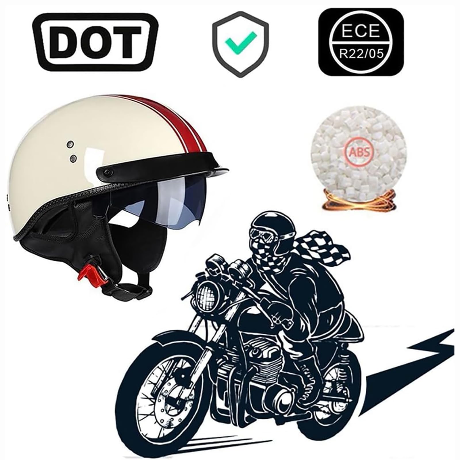 Casco da Moto Aperto per Adulti, Uomo e Donna, omologato DOT/ECE, Casco da Moto retrò, Casco Jet da Strada con Visiera Parasole a Scomparsa, Crema B, L