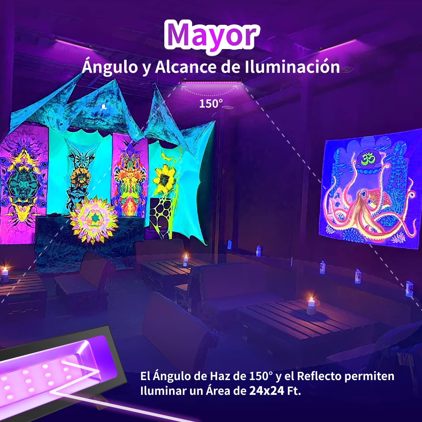 2x50W LED Luz Negra, Lampara UV 385nm con Interruptor & Soporte Ajustable de 180°, Impermeable IP66, Luz Ultravioleta para Fiestas o Decoración de Halloween
