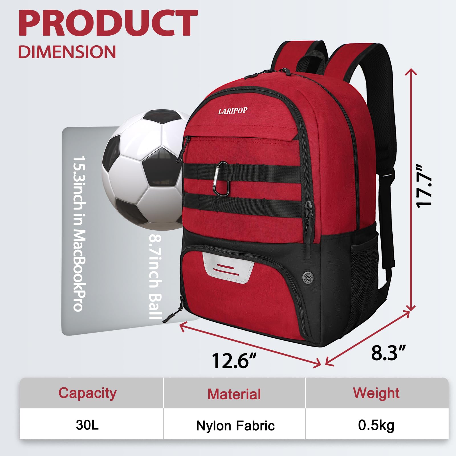 LARIPOP Mochila de fútbol con Soporte para Pelota y Compartimento para Zapatos, Equipo Deportivo, Bolsa de Entrenamiento para Baloncesto