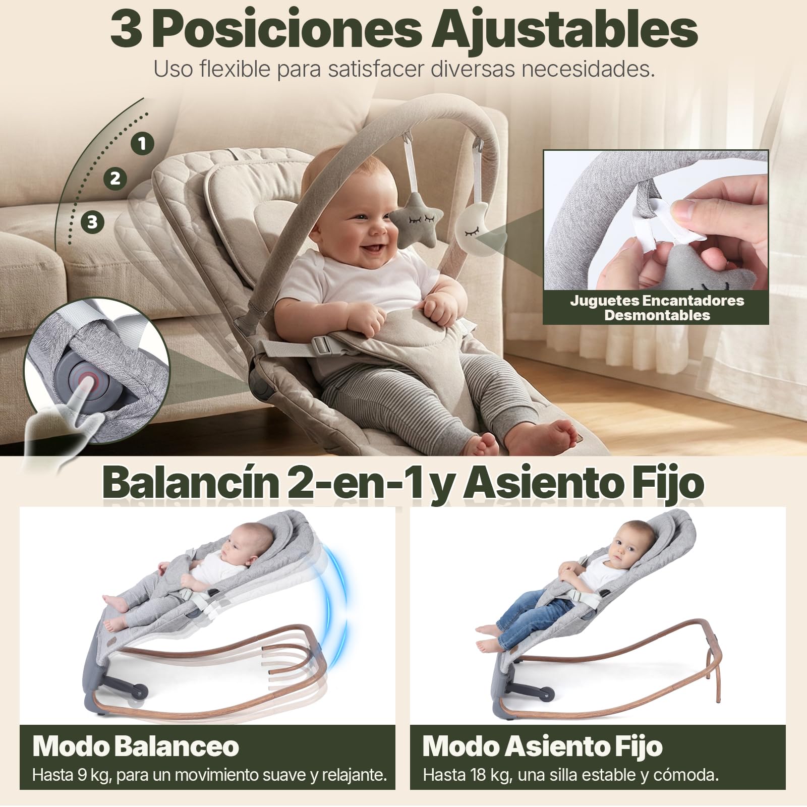 Hamaca Mecedora Bebé Electrica con Sensor de Golpe, 3 Velocidades & Panel Táctil, Temporizador (30/60 Min), 8 Nanas, Volumen Ajustable, para 0-12 Meses, Hasta 18 kg, Gris Perlado