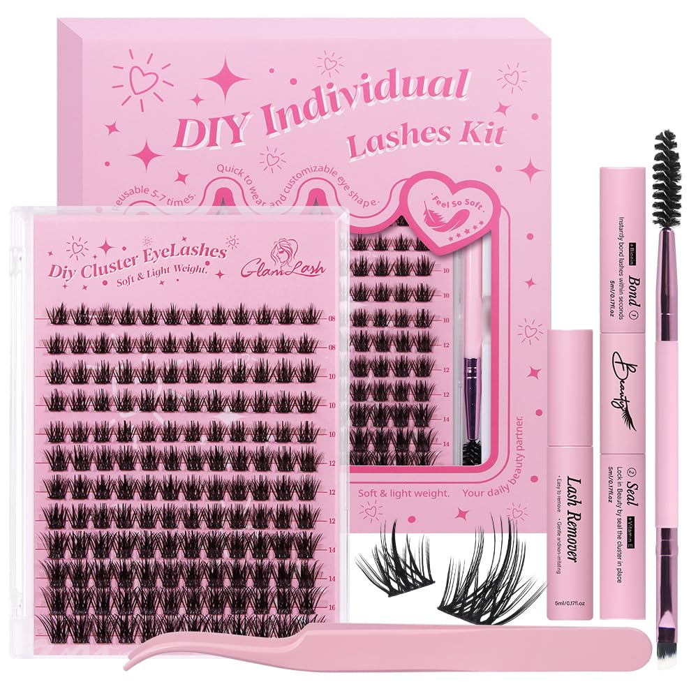 GLAMLASH Ciglia Finte Ciuffetti Kit Extension Ciglia Lash Clusters con Bond e Rimuoviciglia 8-16mm,DIY Eyelash Extension Kit (DM-FD23)