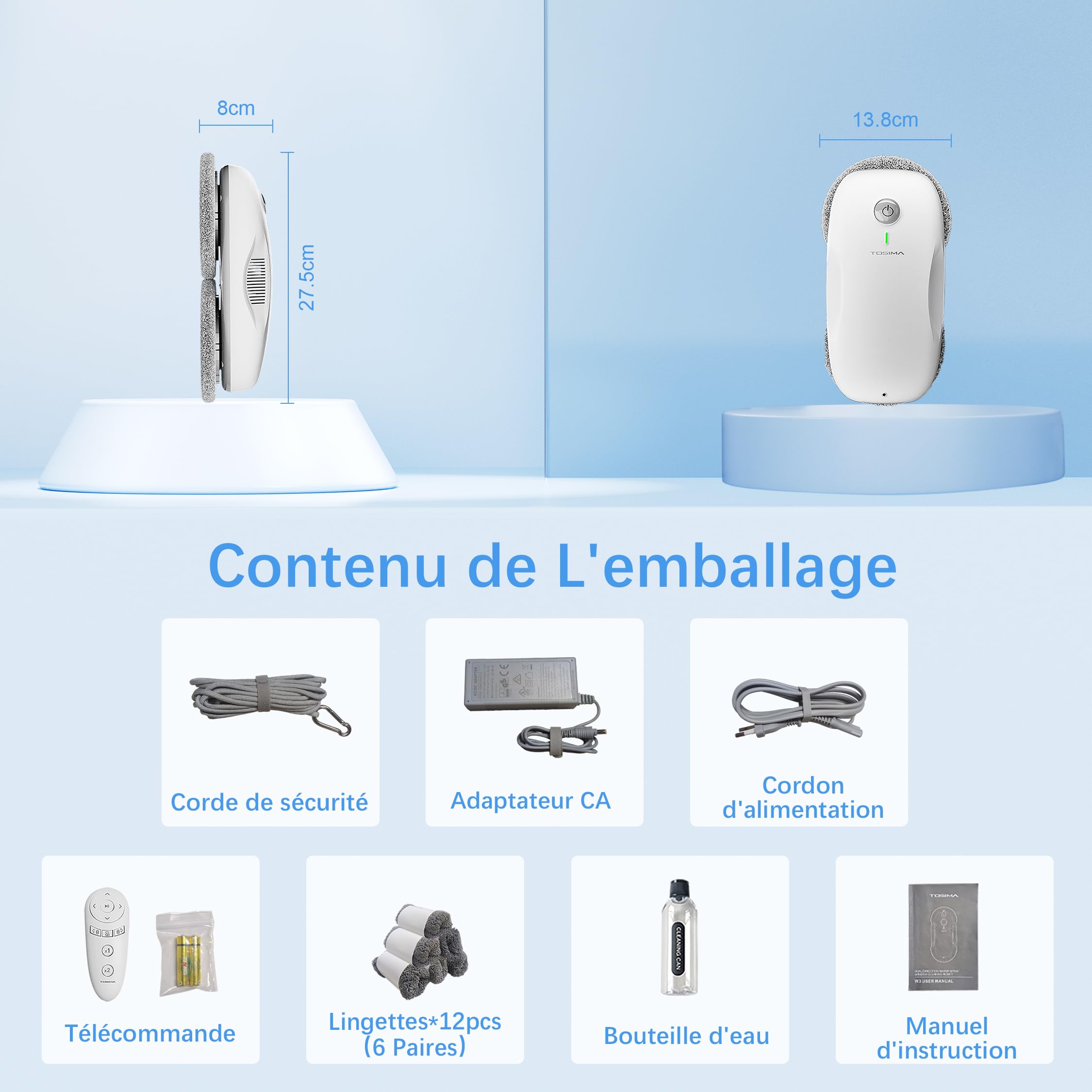 Tosima W2 Blanc Robot Nettoyeur vitre Automatique,Robot Nettoyeur de Vitres with 3800pa de Aspiration puissante,Triple système de sécurité,Lave à télécommand with 12 Chiffons