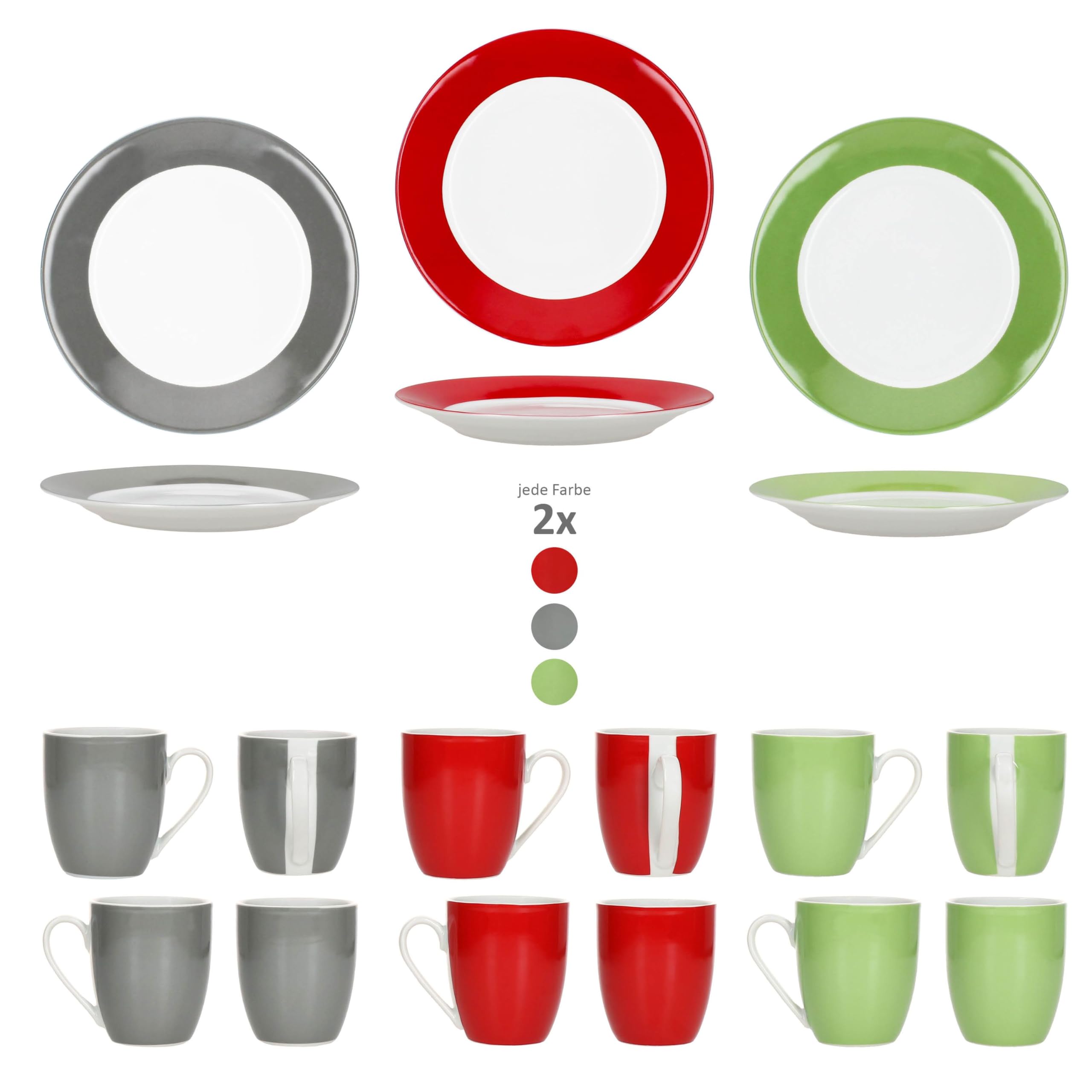 MamboCat Variant Trio 12tlg Frühstücksset I Je 6x kleine Teller & Kaffeebecher 350ml, Höhe 10,3cm für 6 Personen I Tasse, Kuchenteller I Porzellan-Geschirr für Frühstücks- & Kaffeezeit